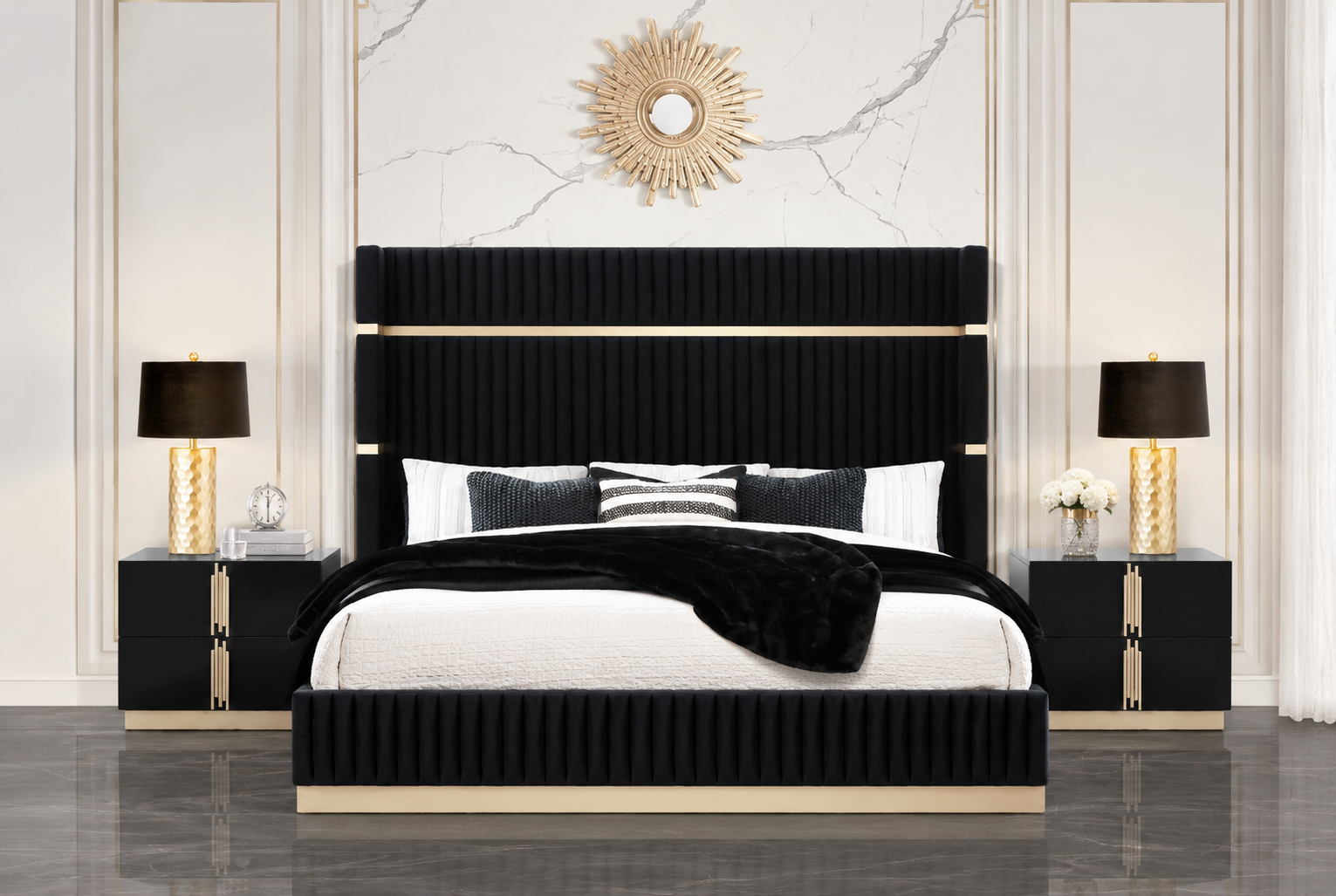 Evon Black Channel-Tufted Bed with Gold Trim