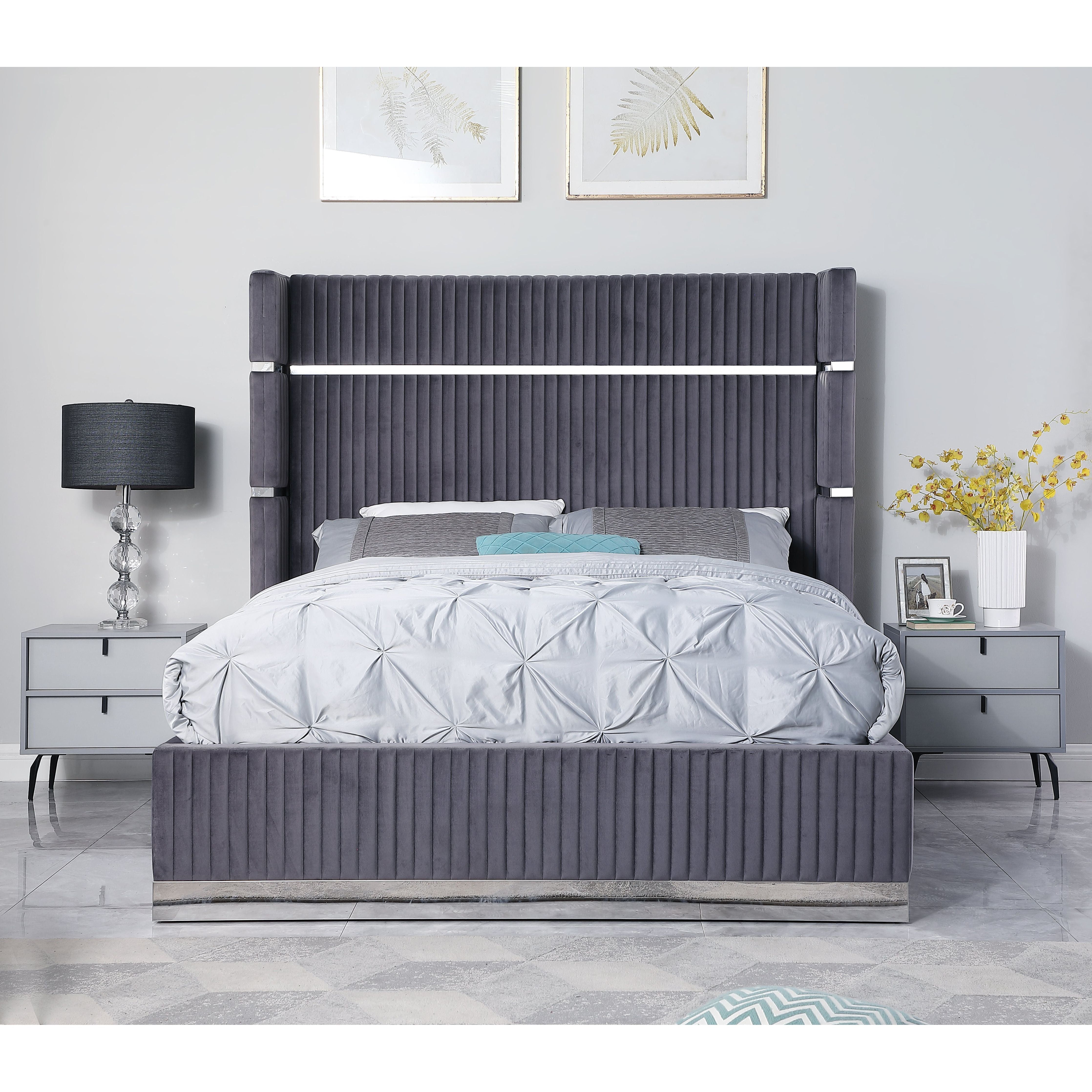 Aspen Gray Channel-Tufted Bed with Silver Accents