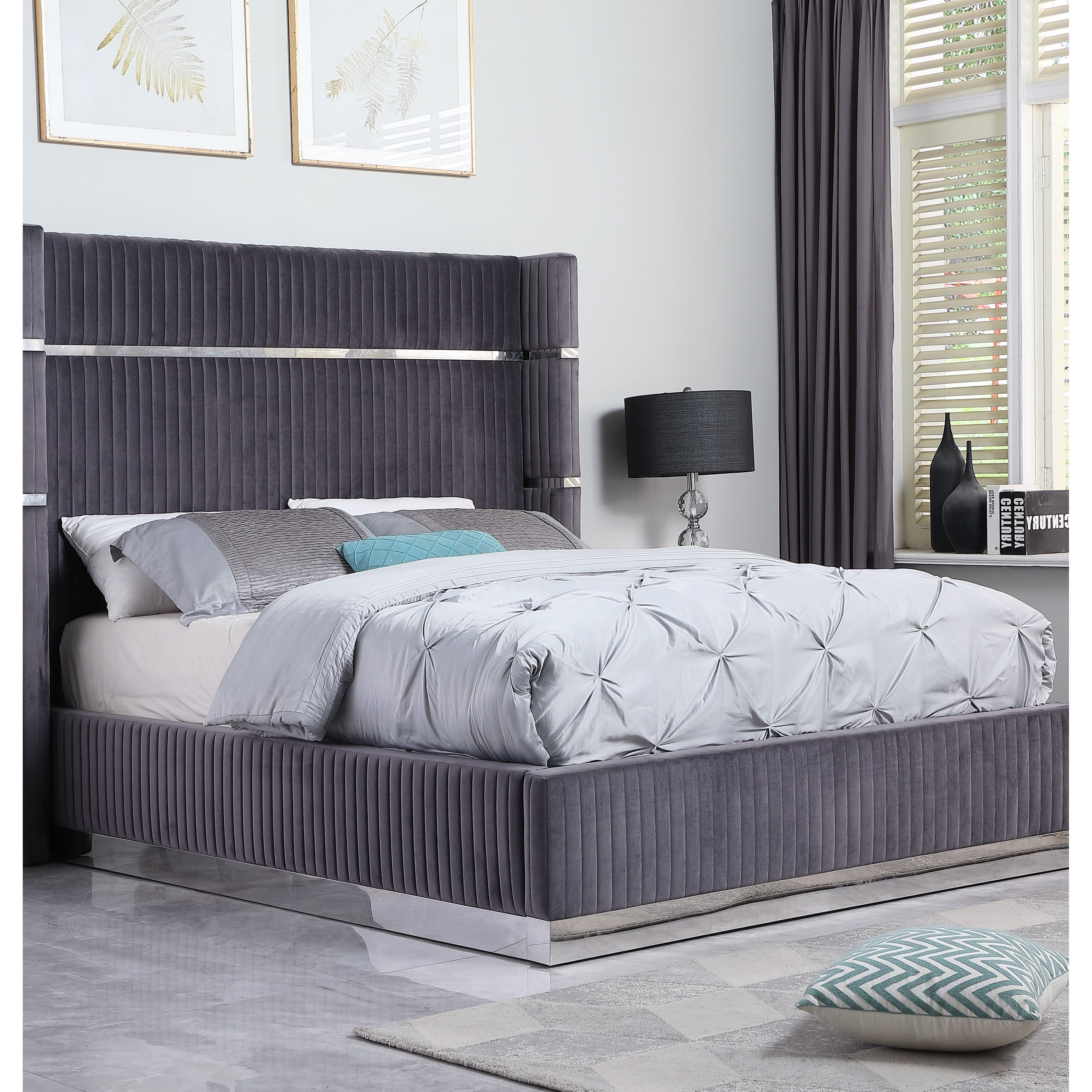 Aspen Gray Channel-Tufted Bed with Silver Accents, view 2