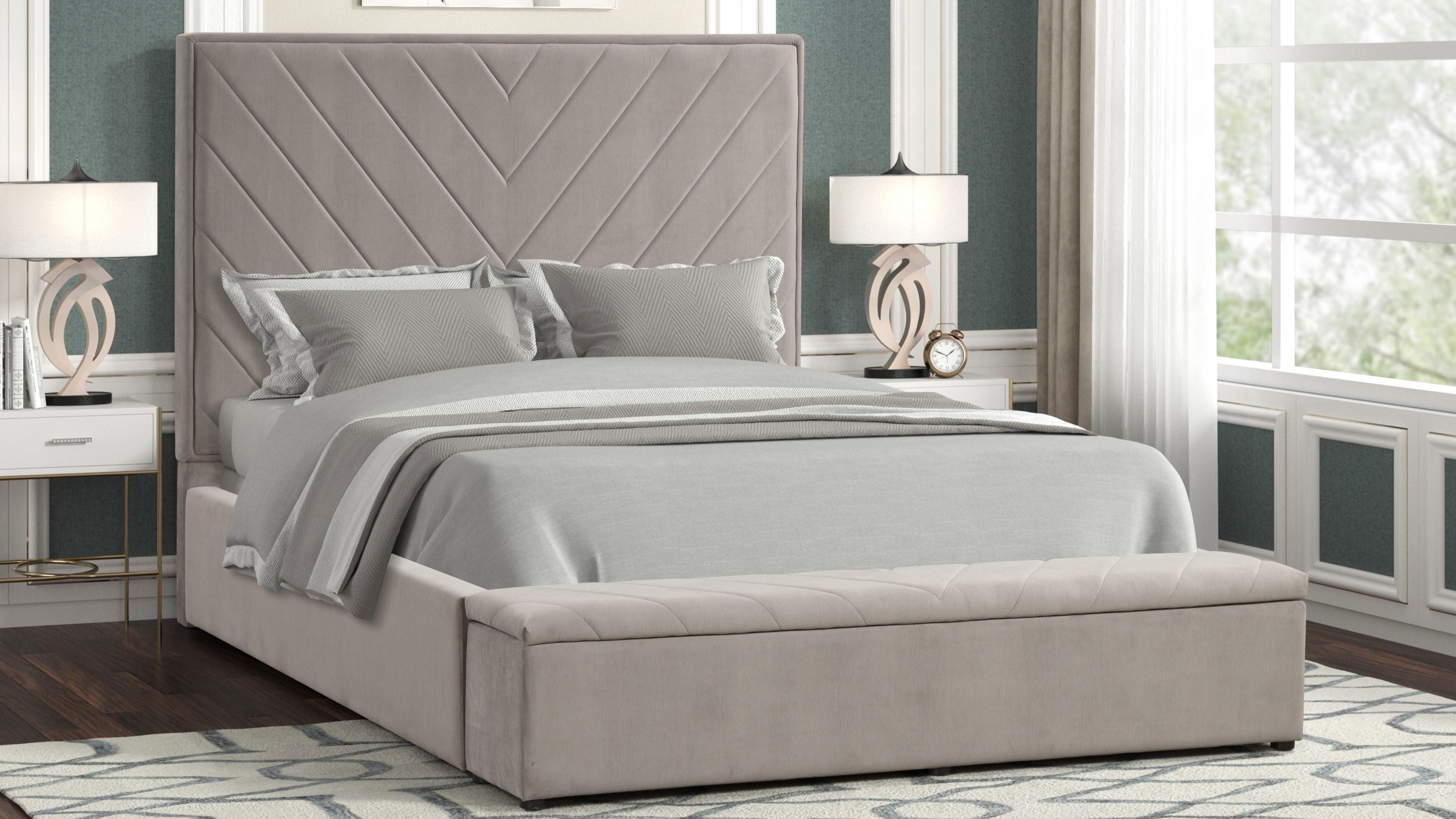 Mio Gray Velvet Storage Bed with Chevron Headboard
