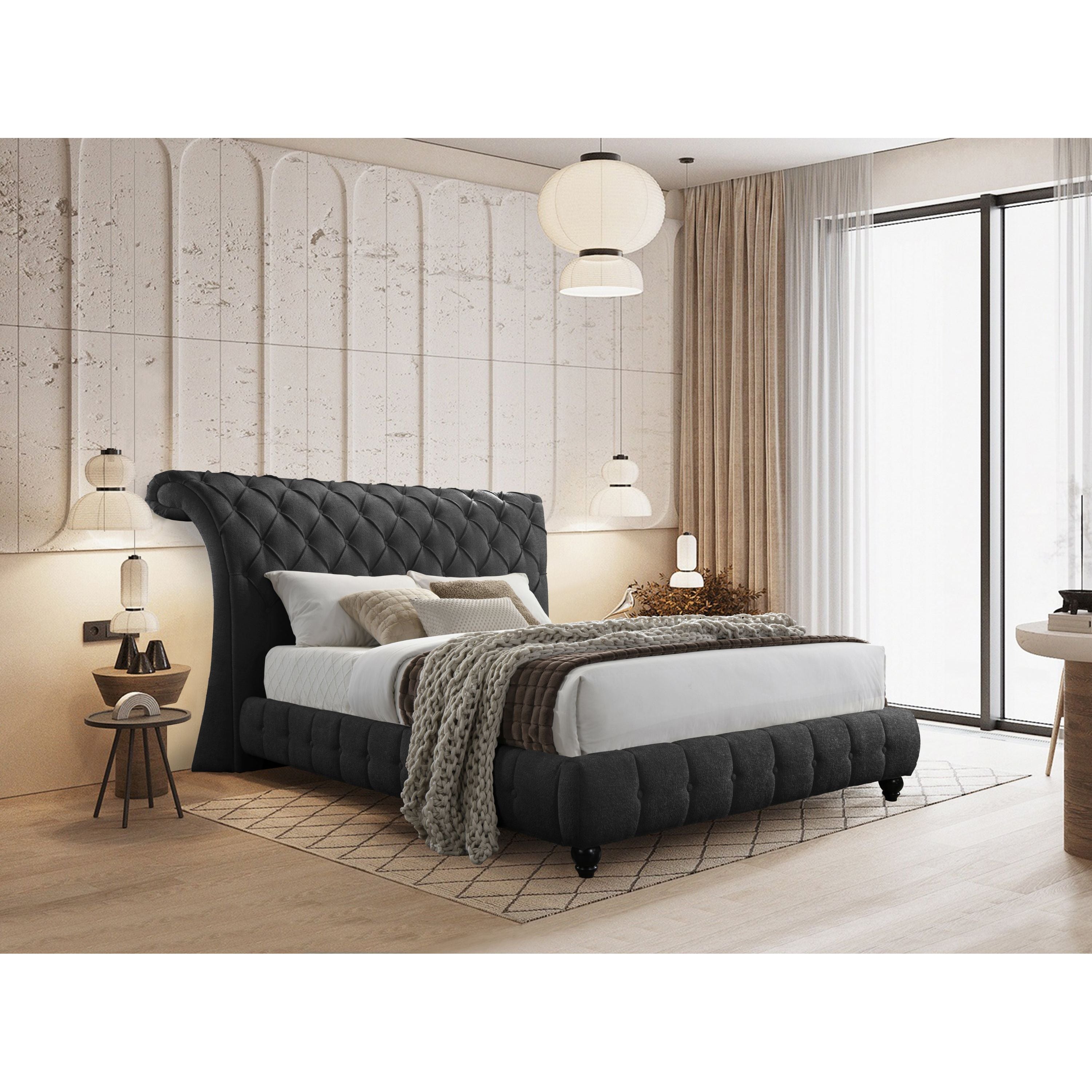 Everly Black Tufted Fabric Bed with Scroll Headboard