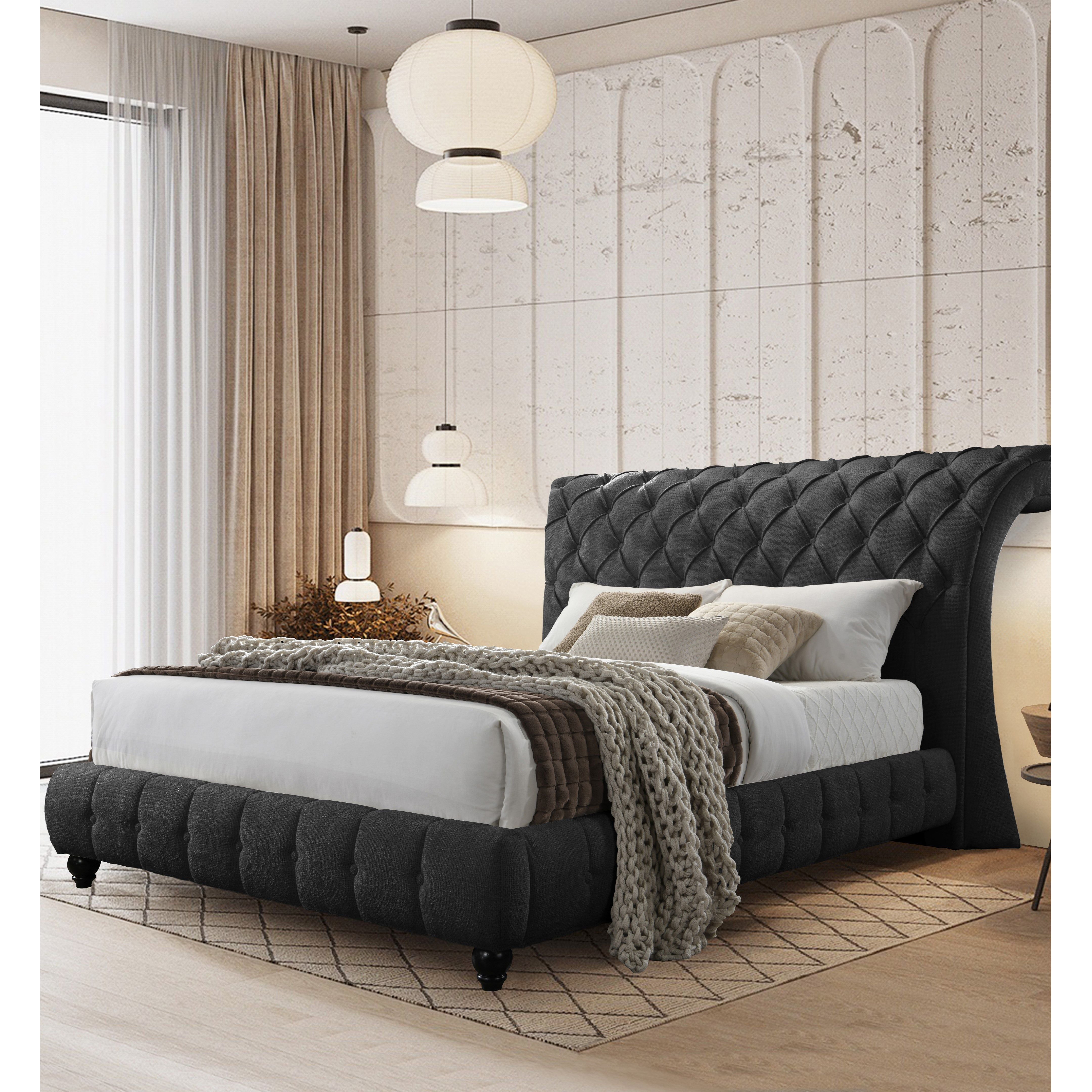 Everly Black Tufted Fabric Bed with Scroll Headboard, view 2