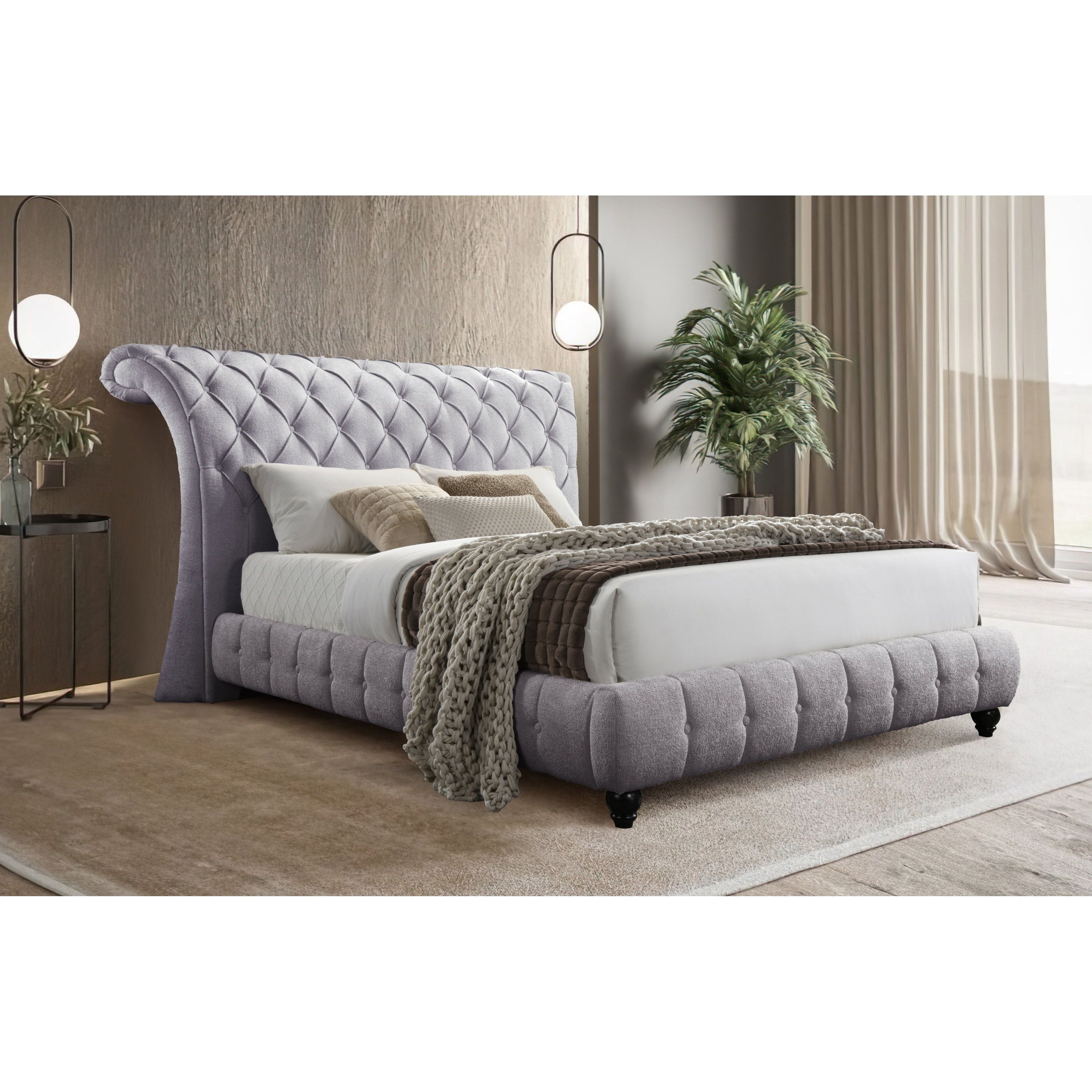 Everly Gray Tufted Fabric Bed with Scroll Headboard