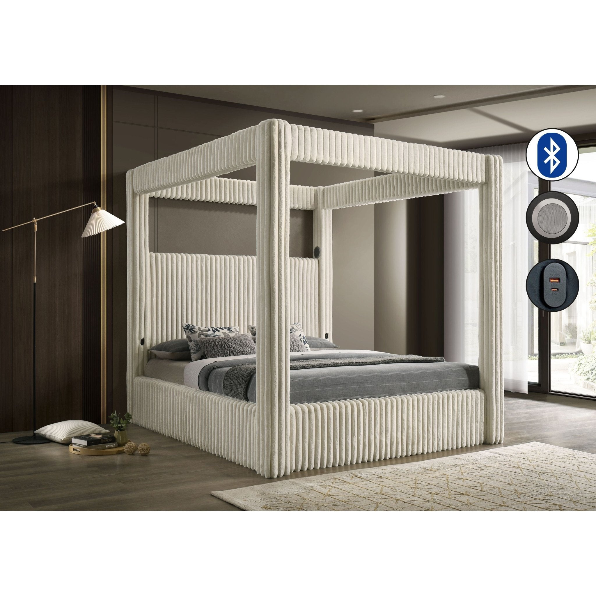 Atlam Cream Corduroy Canopy Bed with Bluetooth Speaker, view 2