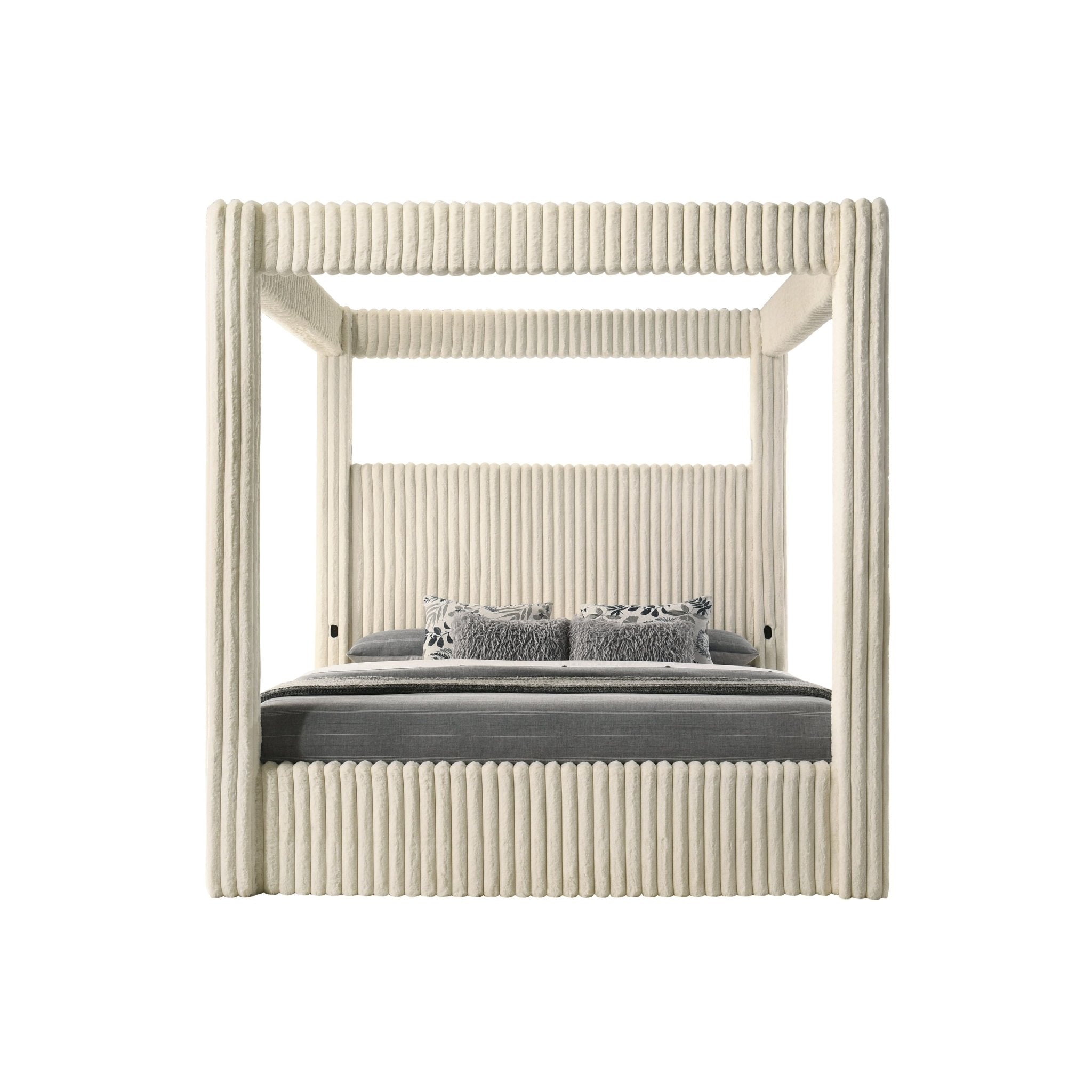 Atlam Cream Corduroy Canopy Bed with Bluetooth Speaker
