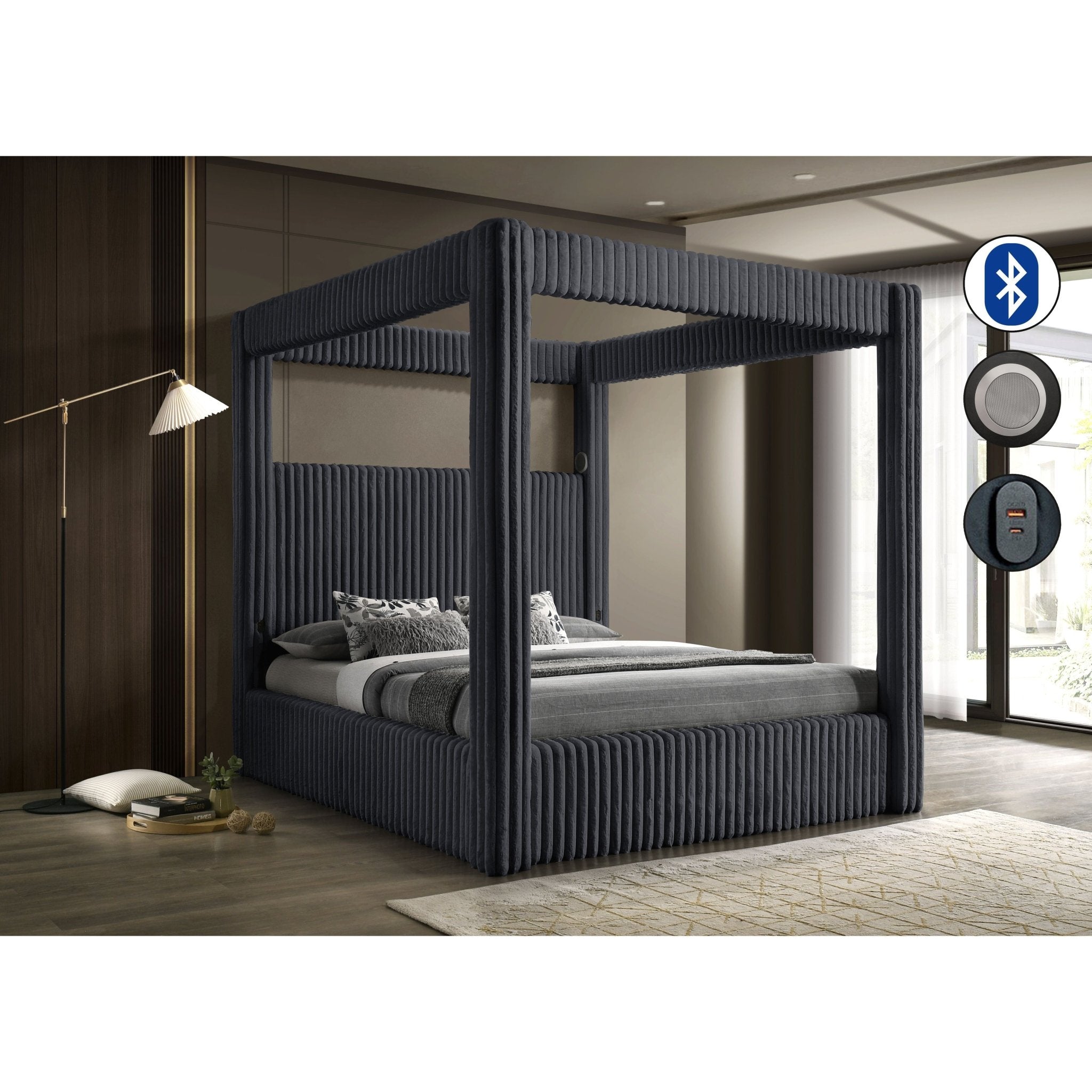 Atlam Gray Corduroy Canopy Bed with Bluetooth Speaker