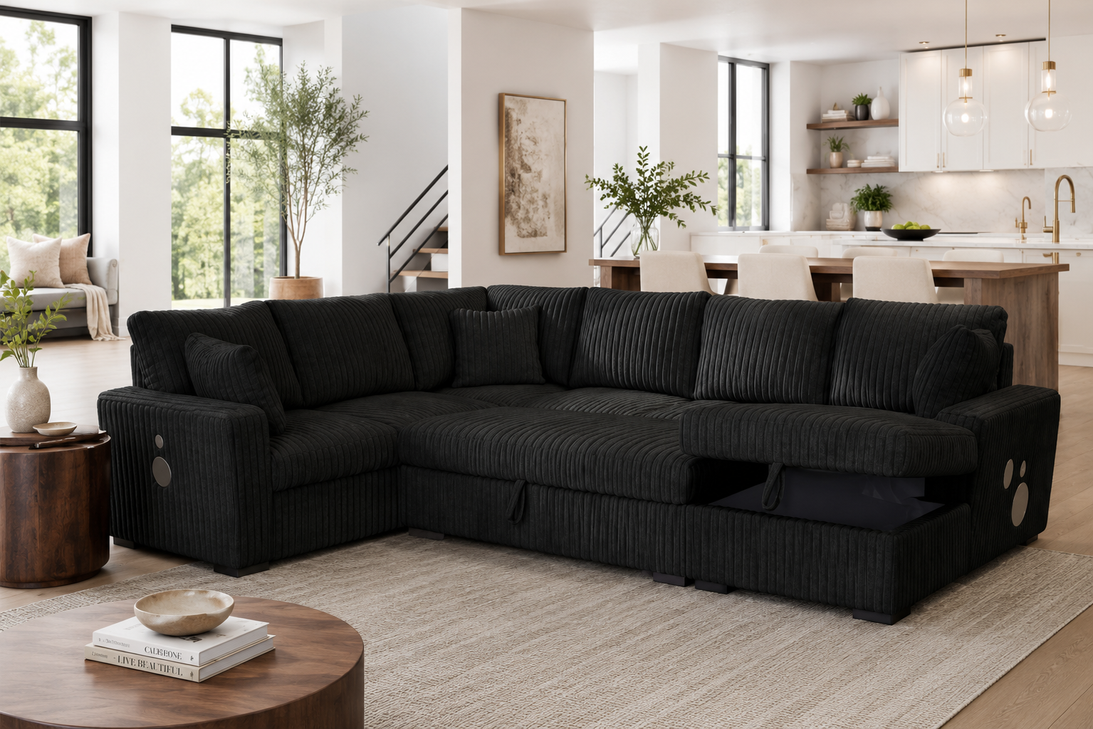 BLUETOOTH SPEAKERS 3PC BLACK CORDUROY OVERSIZED SECTIONAL