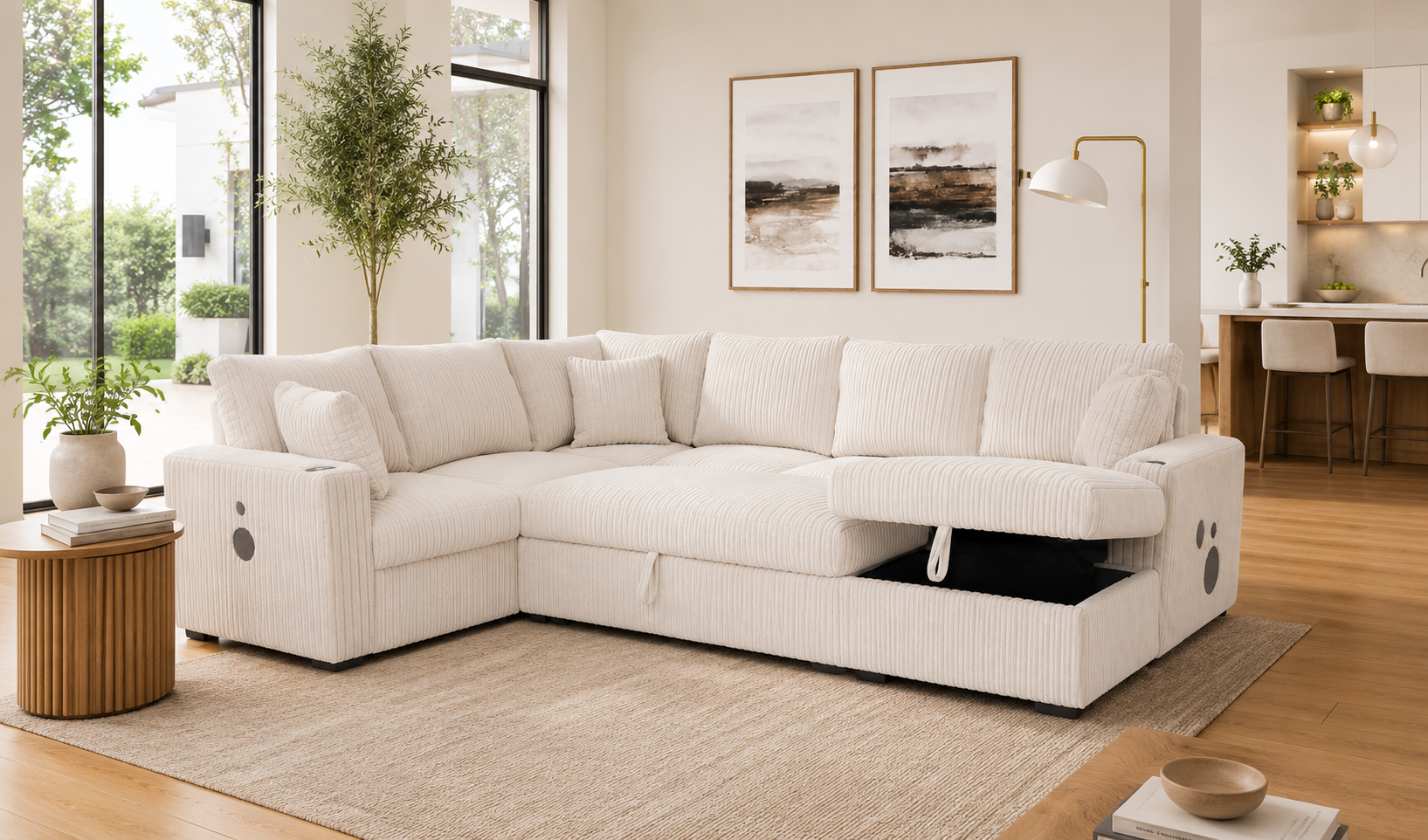 BLUETOOTH SPEAKERS 3PC BEIGE CORDUROY OVERSIZED SECTIONAL
