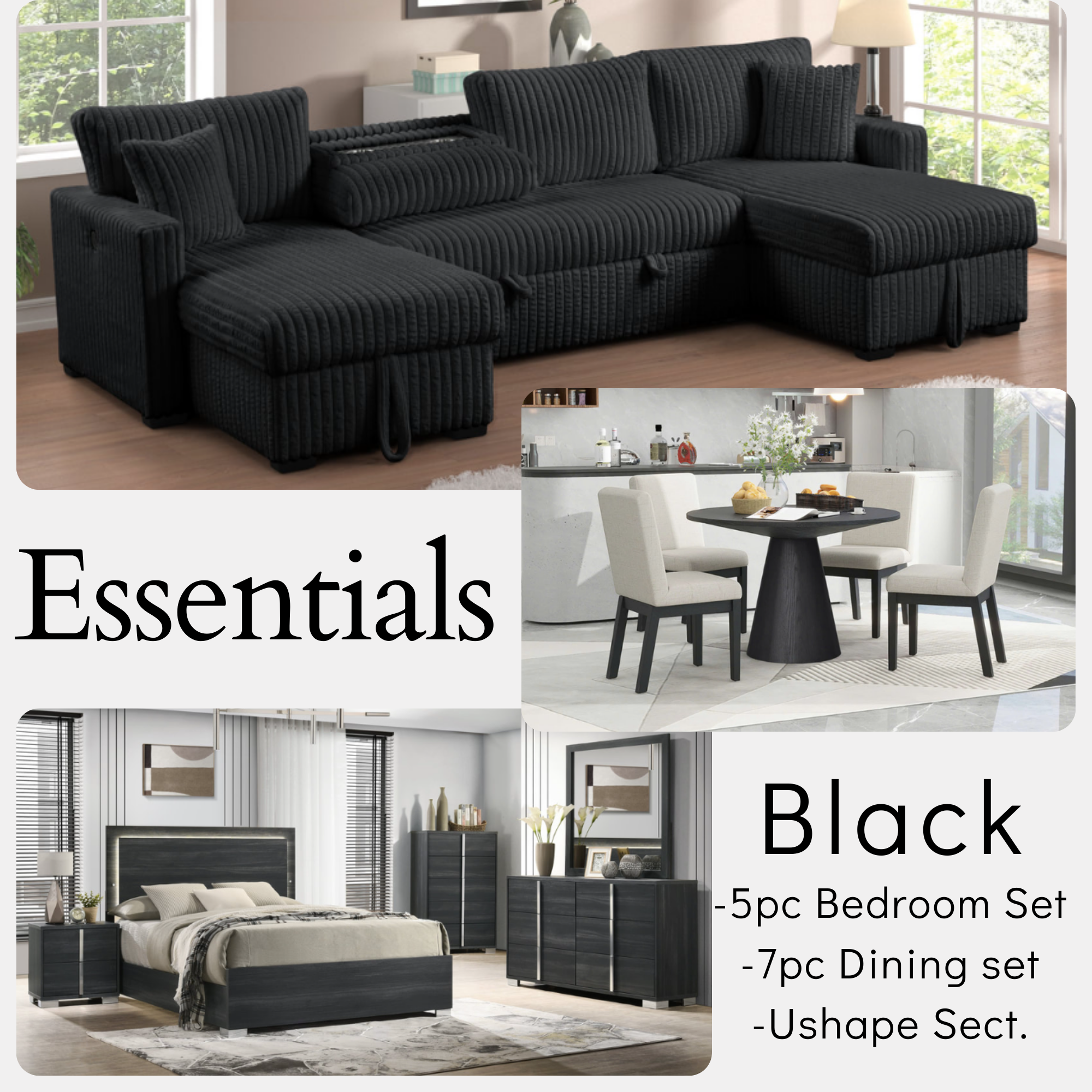 ESSENTIALS BLACK COMPLETE 3 ROOM PACKAGE