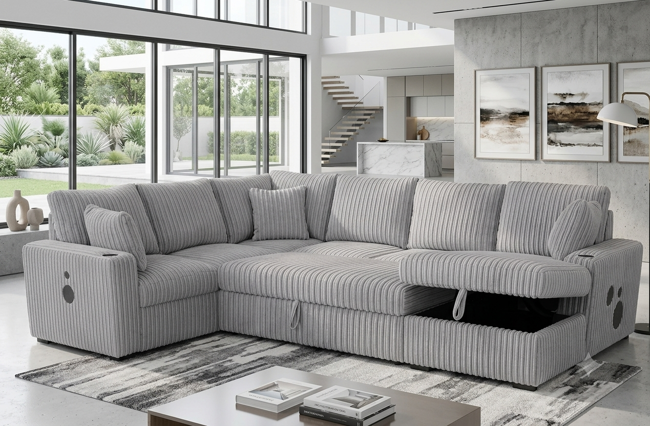BLUETOOTH SPEAKERS 3PC GRAY CORDUROY OVERSIZED SECTIONAL