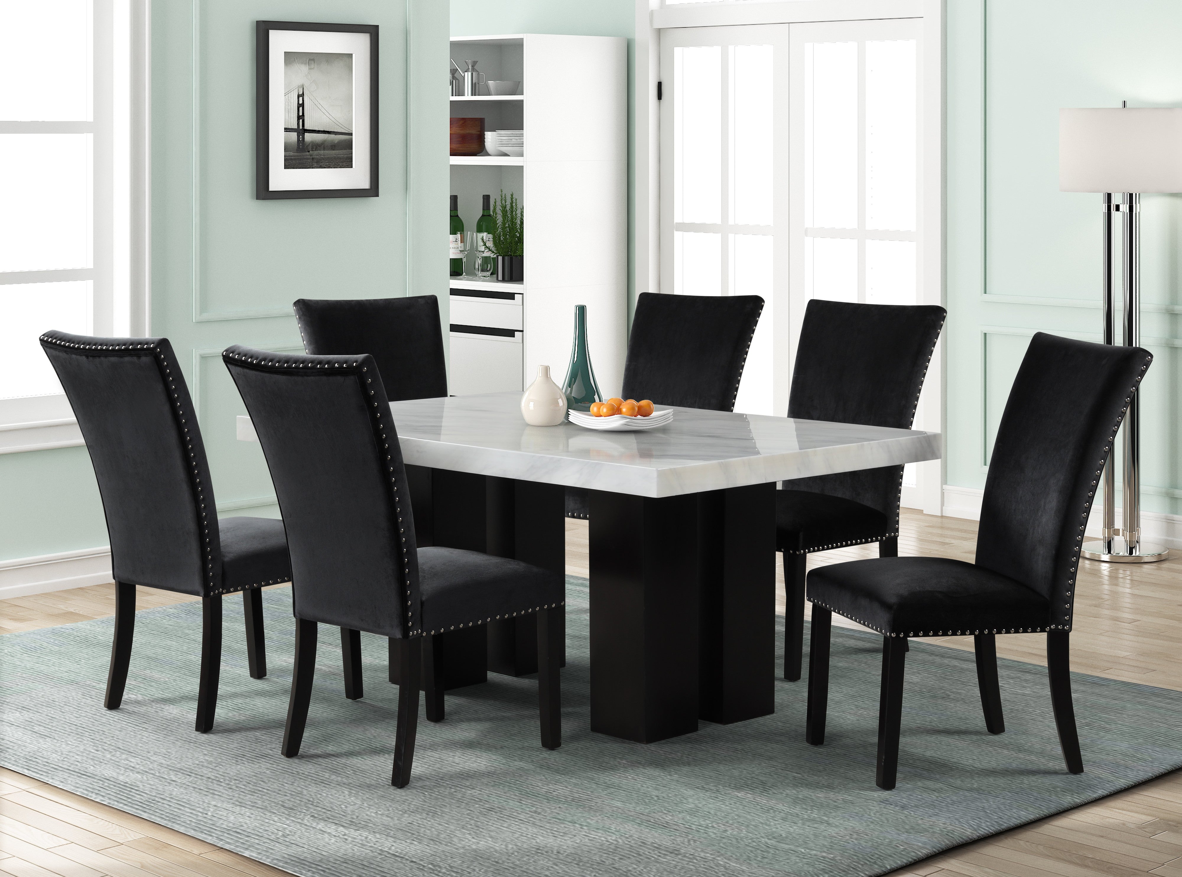Black Velvet Faux Marble 7-Piece Dining Set