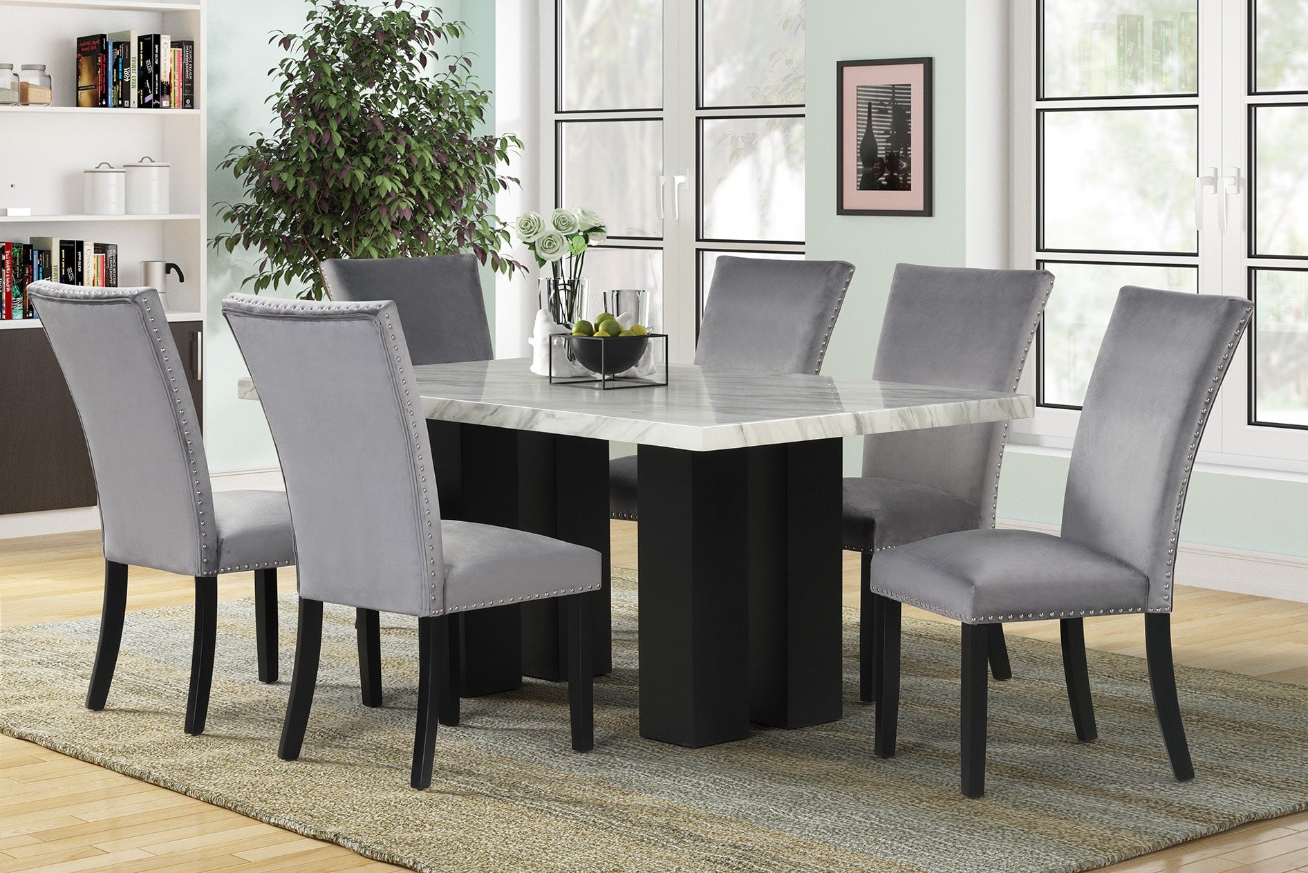 Gray Velvet Faux Marble 7-Piece Dining Set