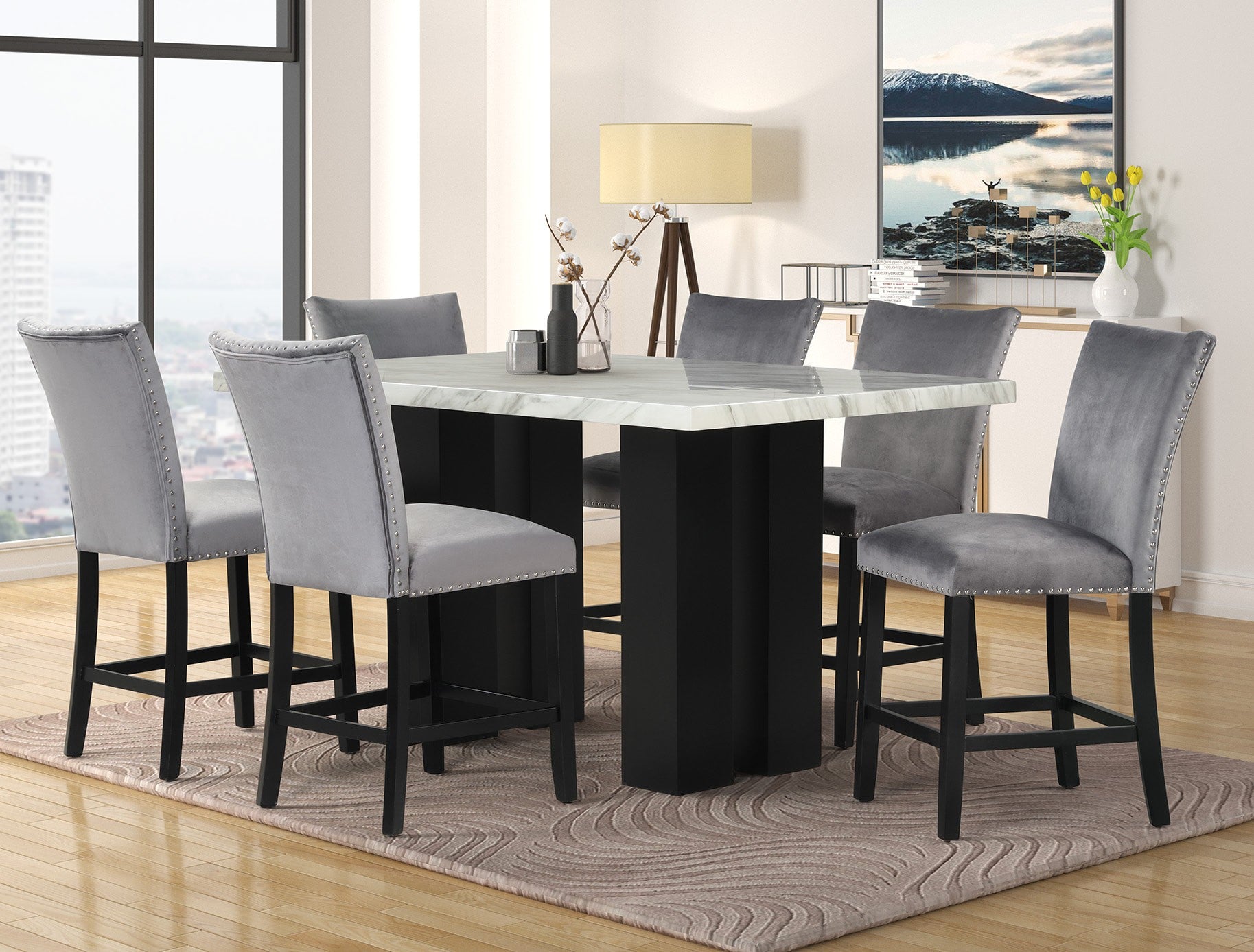 Gray Velvet Faux Marble 7-Piece Counter Height Set