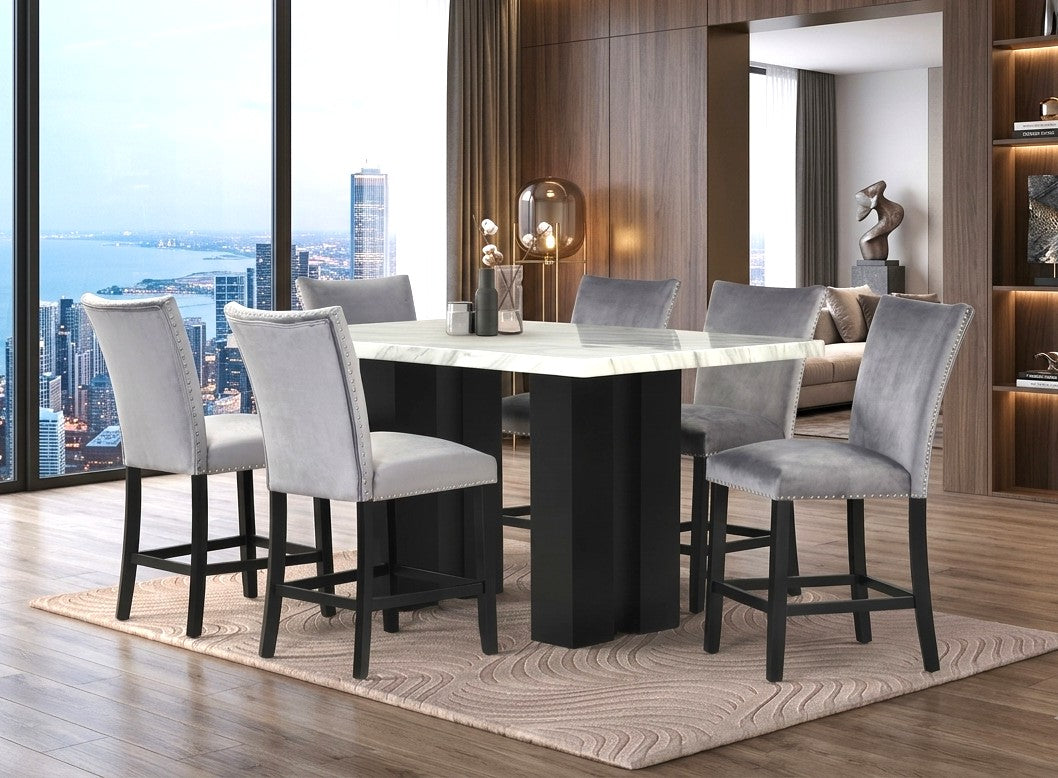 Gray Velvet Faux Marble 7-Piece Counter Height Set, view 2