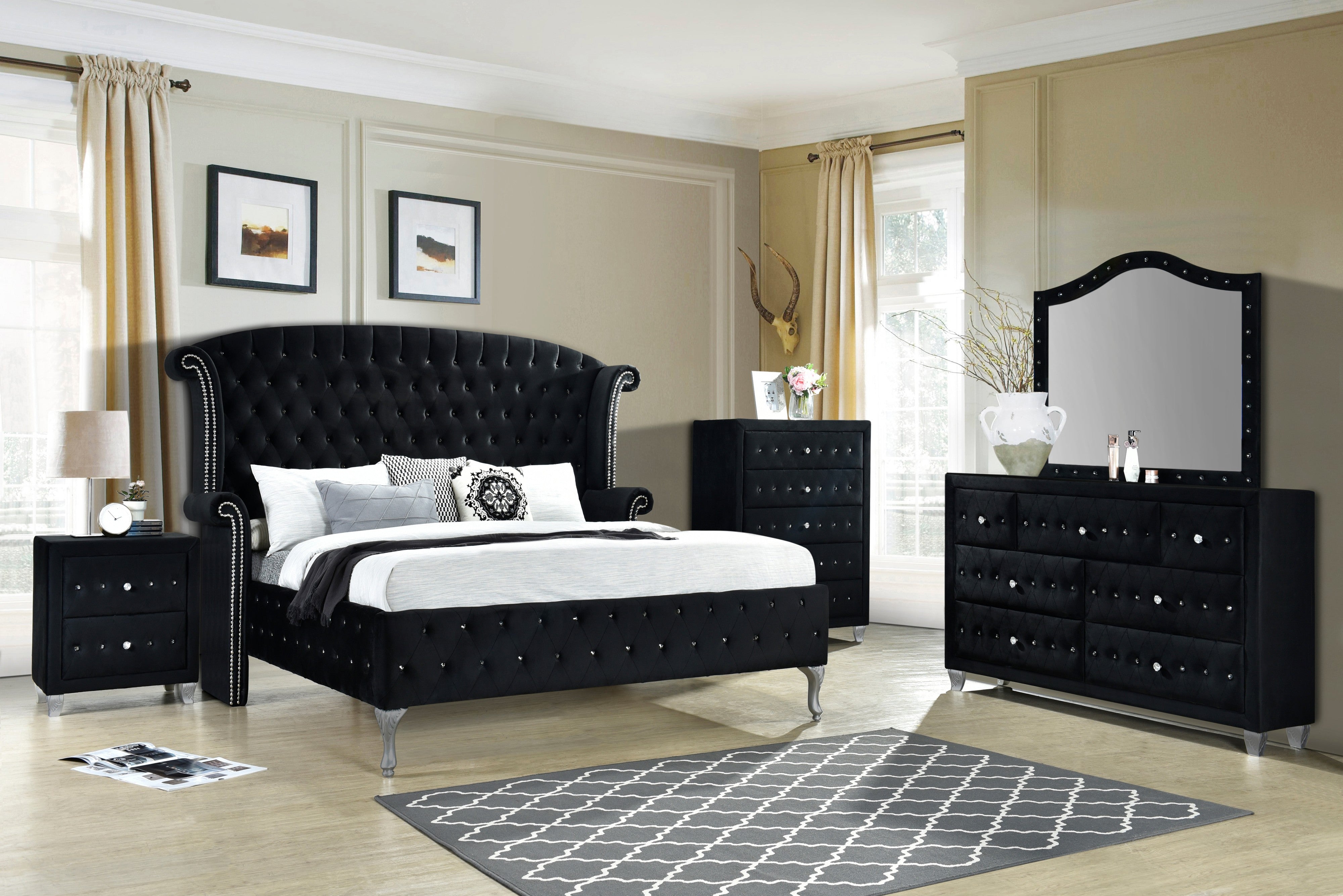 Diamond Palace Black Velvet 5-Piece King Bedroom Set