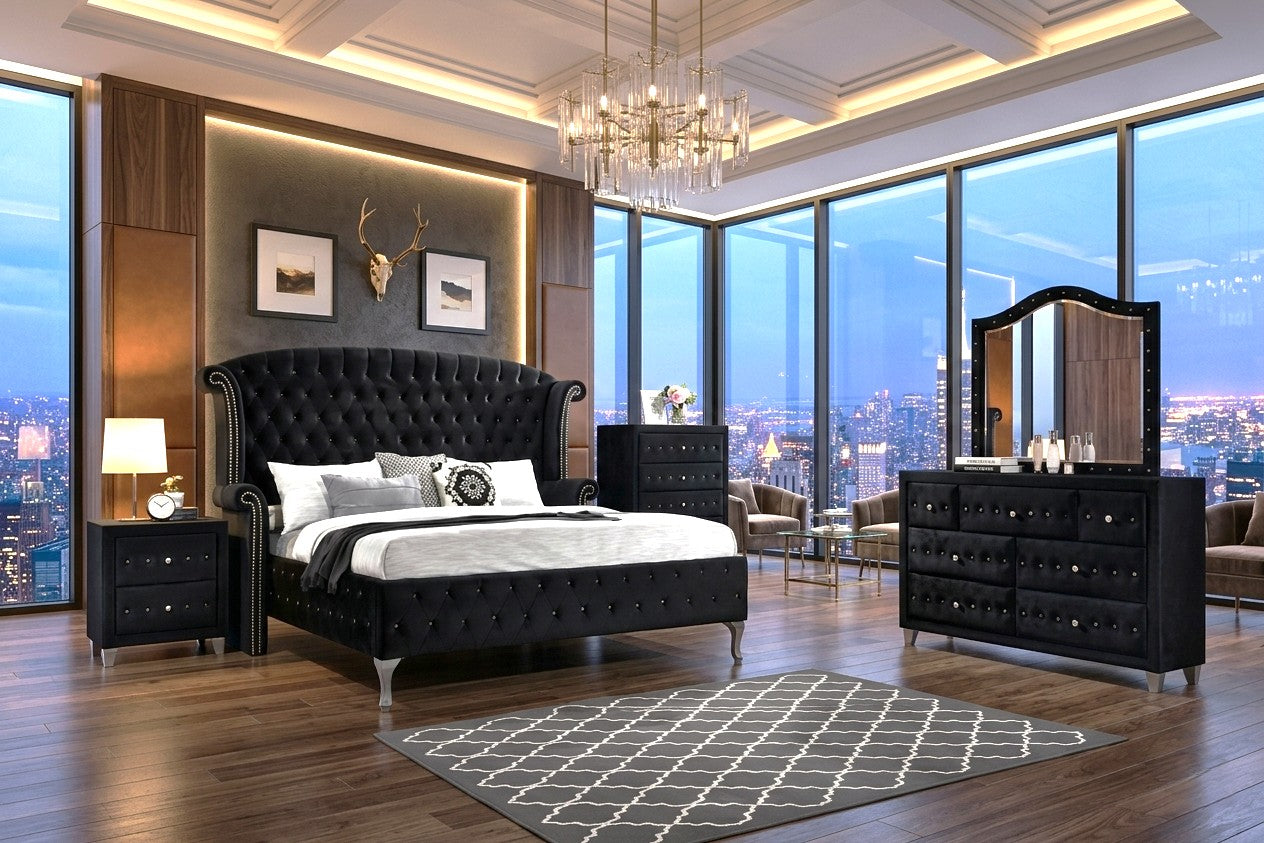 Diamond Palace Black Velvet 5-Piece King Bedroom Set, view 2
