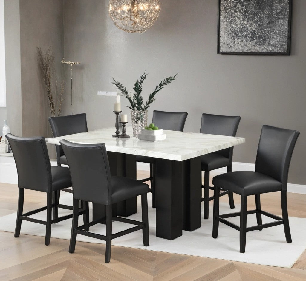 Black Faux Leather Faux Marble 7-Piece Counter Height Set