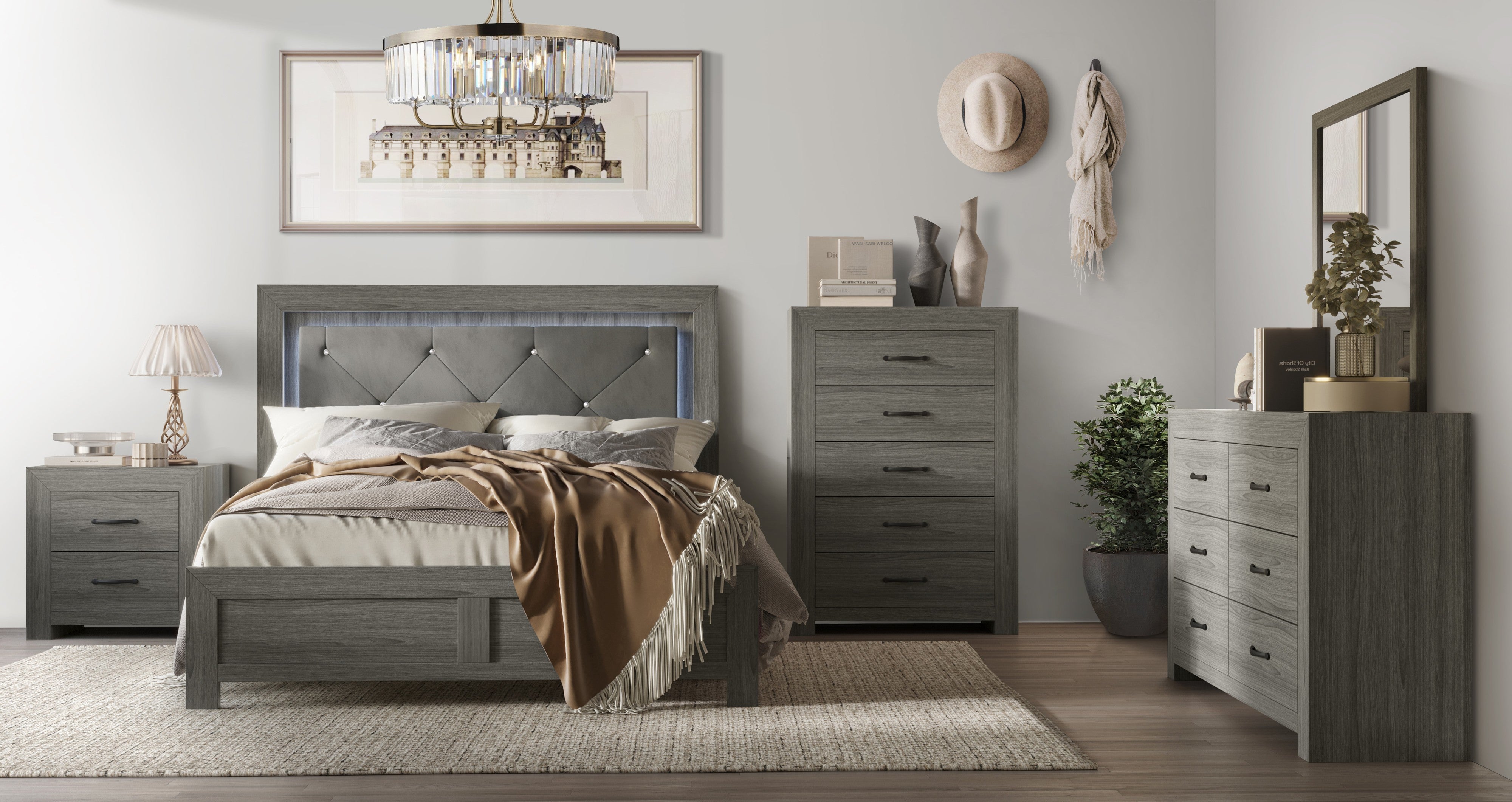 Moonlight Gray 5-Piece Queen Bedroom Set with LED Headboard