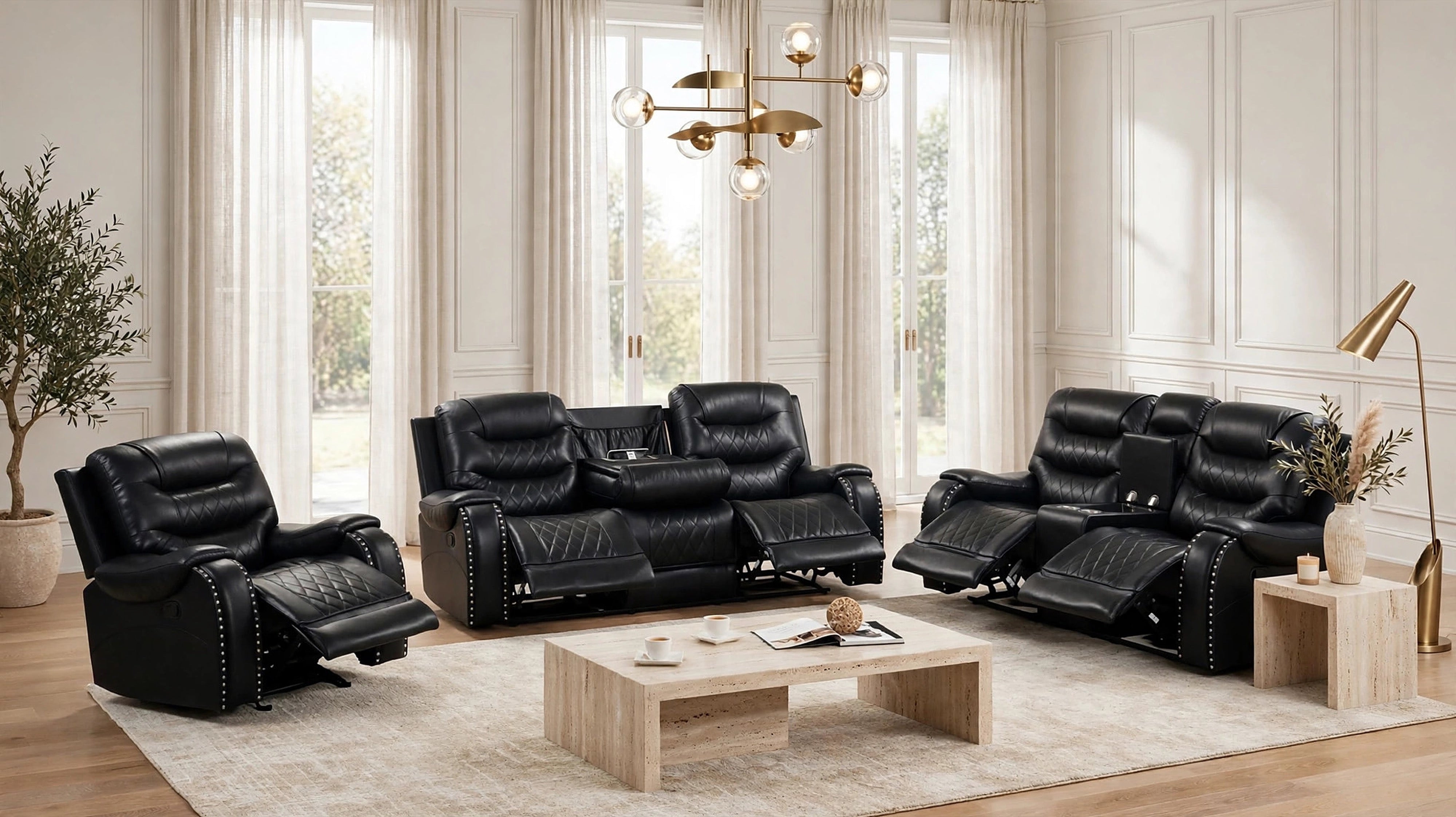 Ashley Black Leather-Gel Oversized 3-Piece Reclining Set