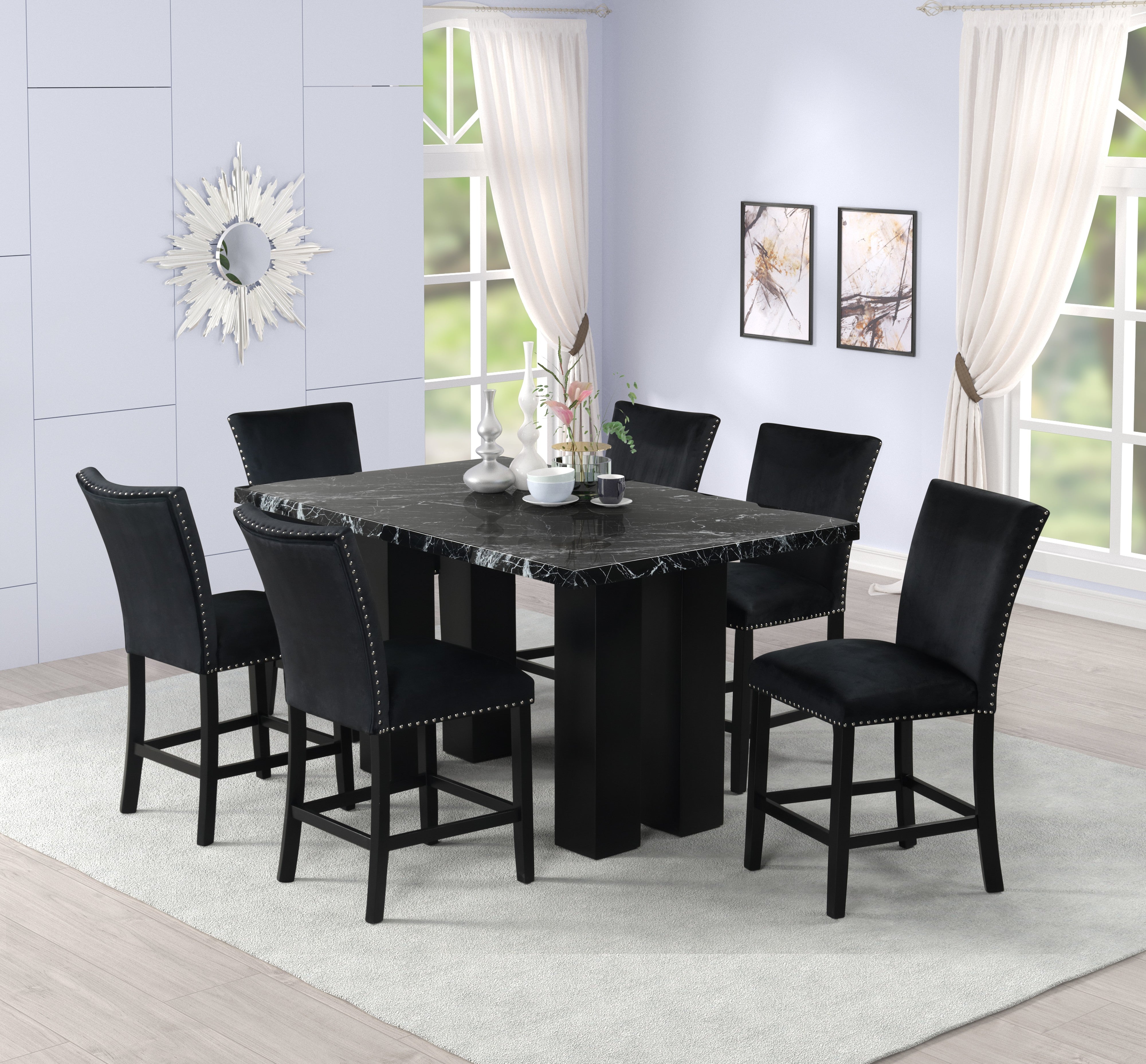 Onyx Velvet Marble-Look 7-Piece Counter Height Set