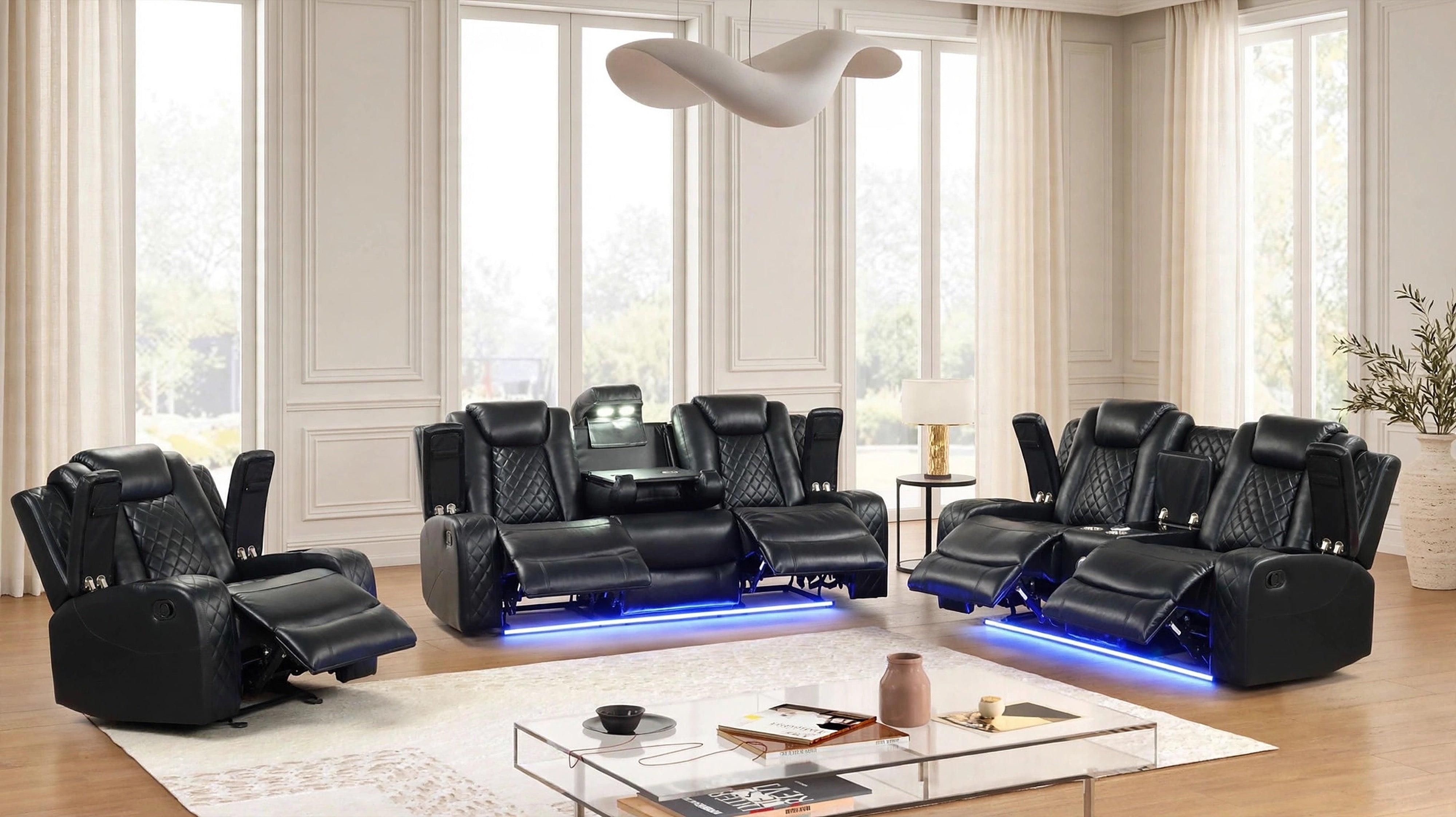 Luz Black Leather-Gel 3-Piece Reclining Set with Bluetooth Speaker