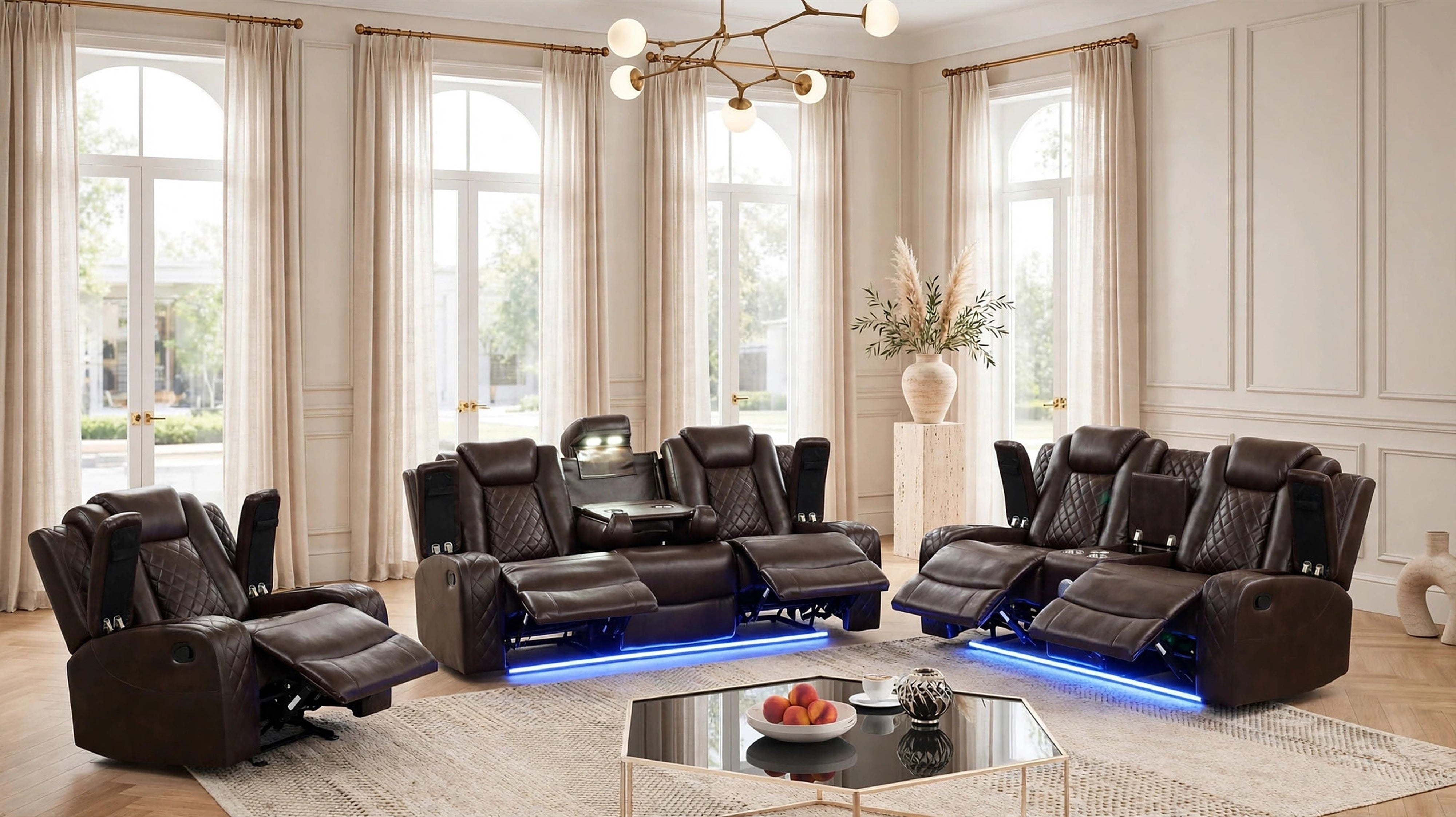 Luz Brown Leather-Gel 3-Piece Reclining Set with Bluetooth Speaker