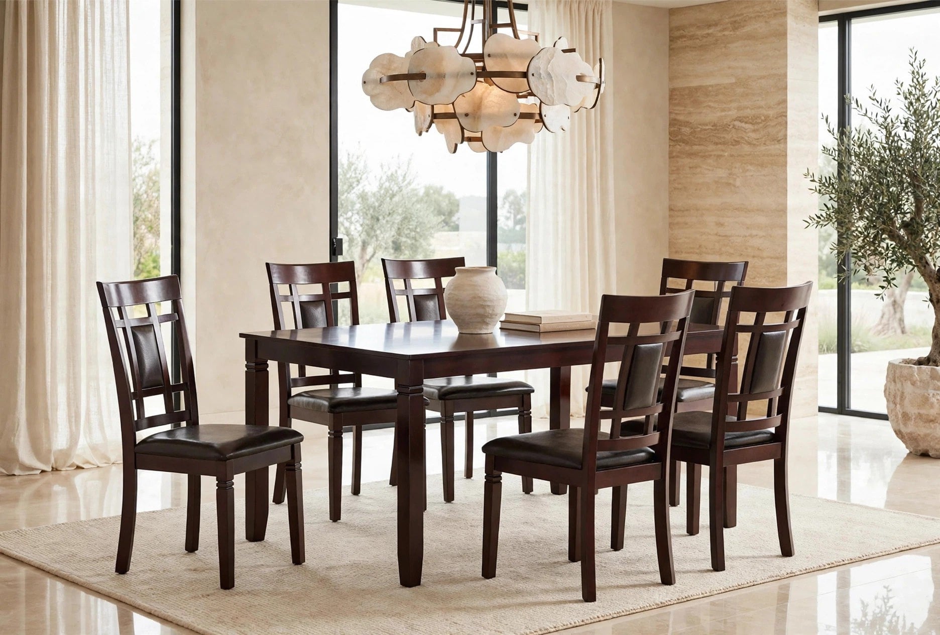 Dark Cherry 7-Piece Dining Set with Window-Back Chairs