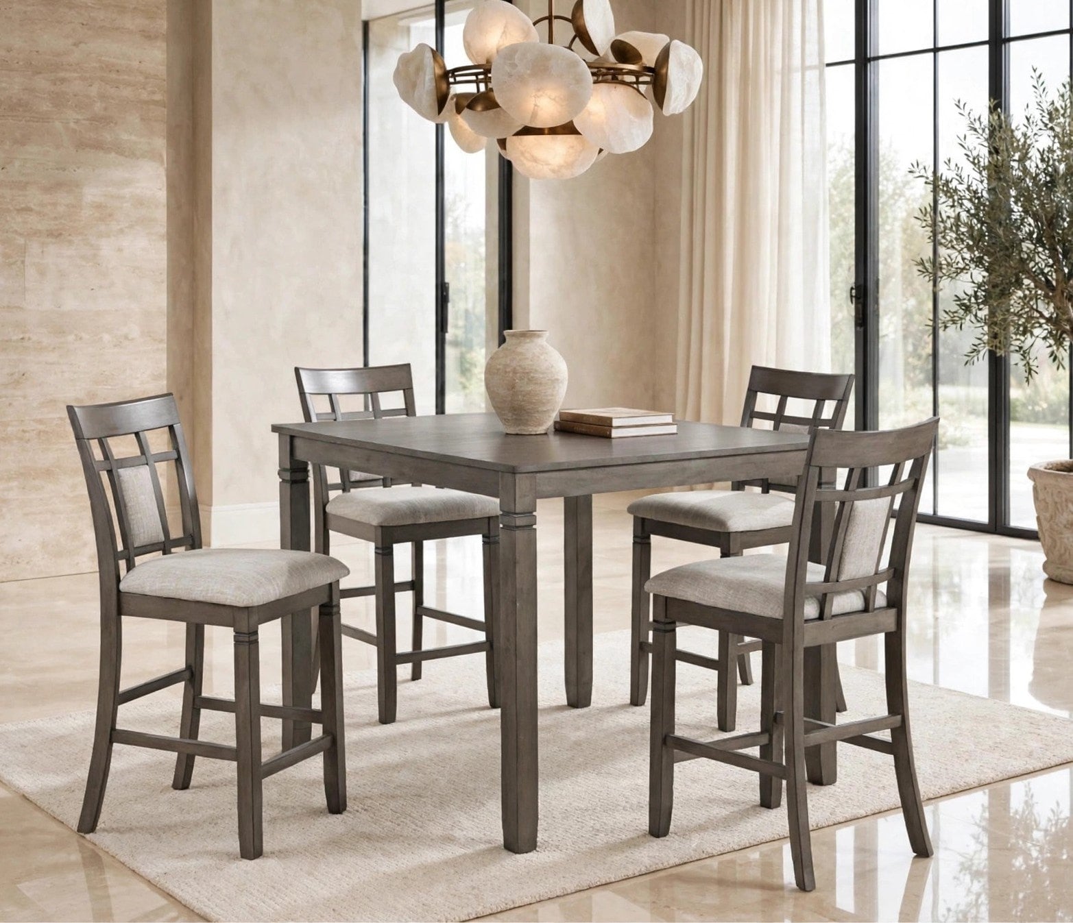 Gray 5-Piece Counter Height Pub Set with Window-Back Chairs