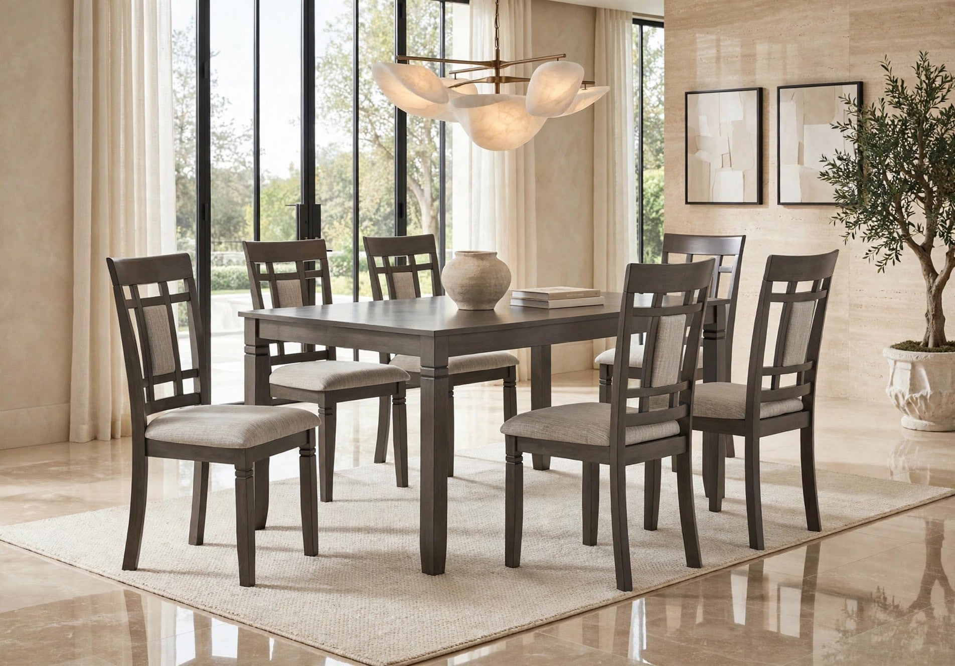 Gray 7-Piece Dining Set with Window-Back Chairs
