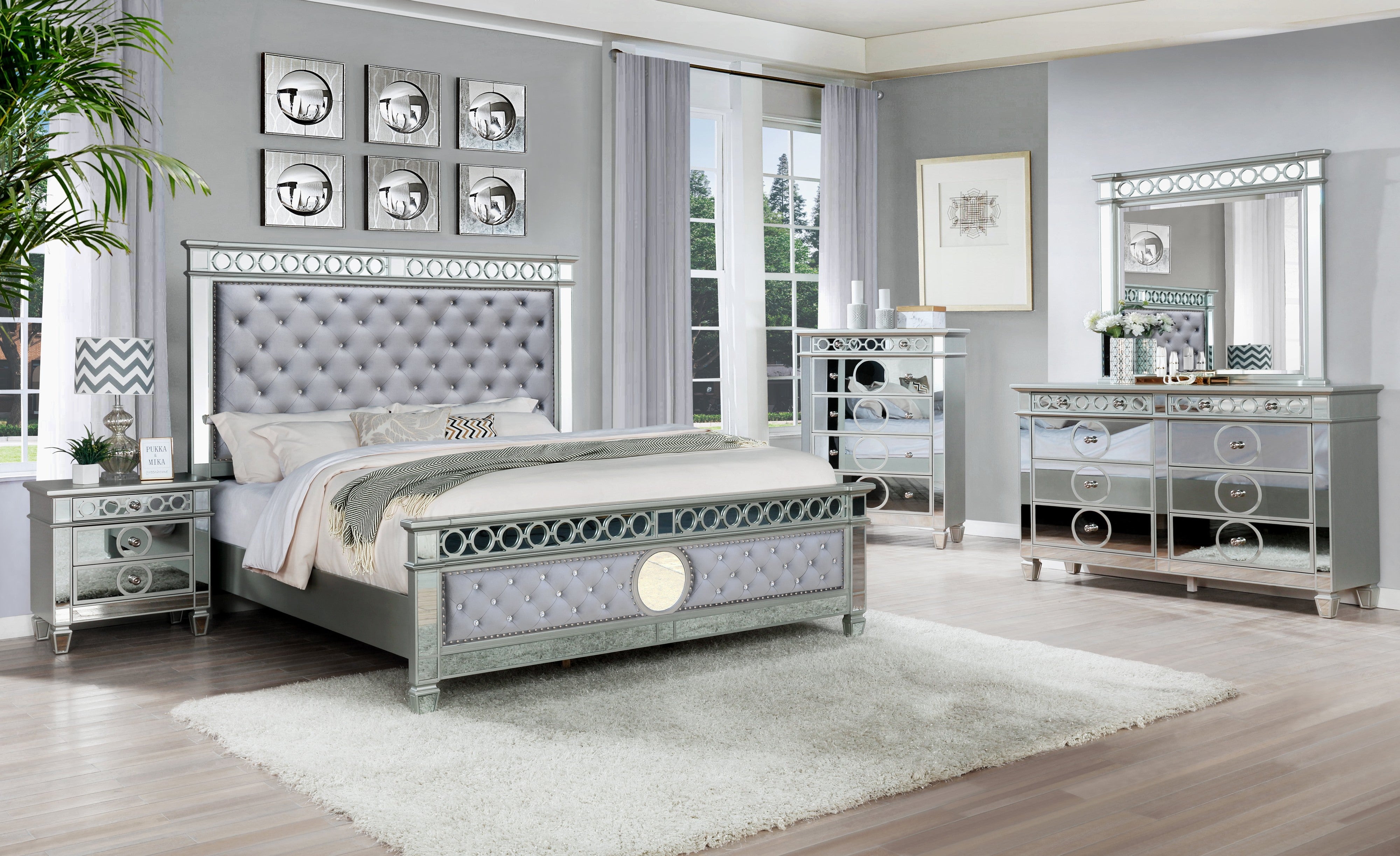 Gray Velvet Tufted 4-Piece King Bedroom Set with Mirror Accents