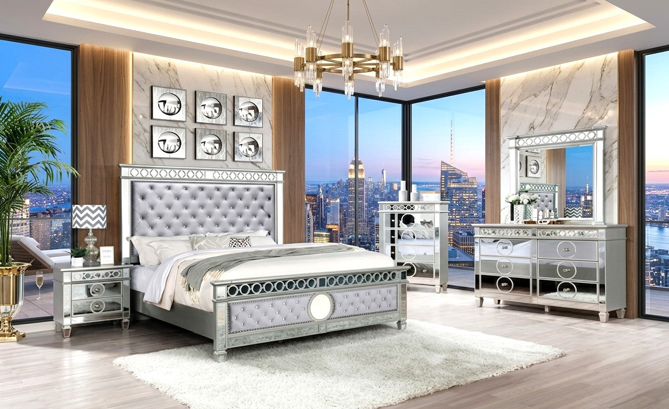 Gray Velvet Tufted 4-Piece King Bedroom Set with Mirror Accents, view 2