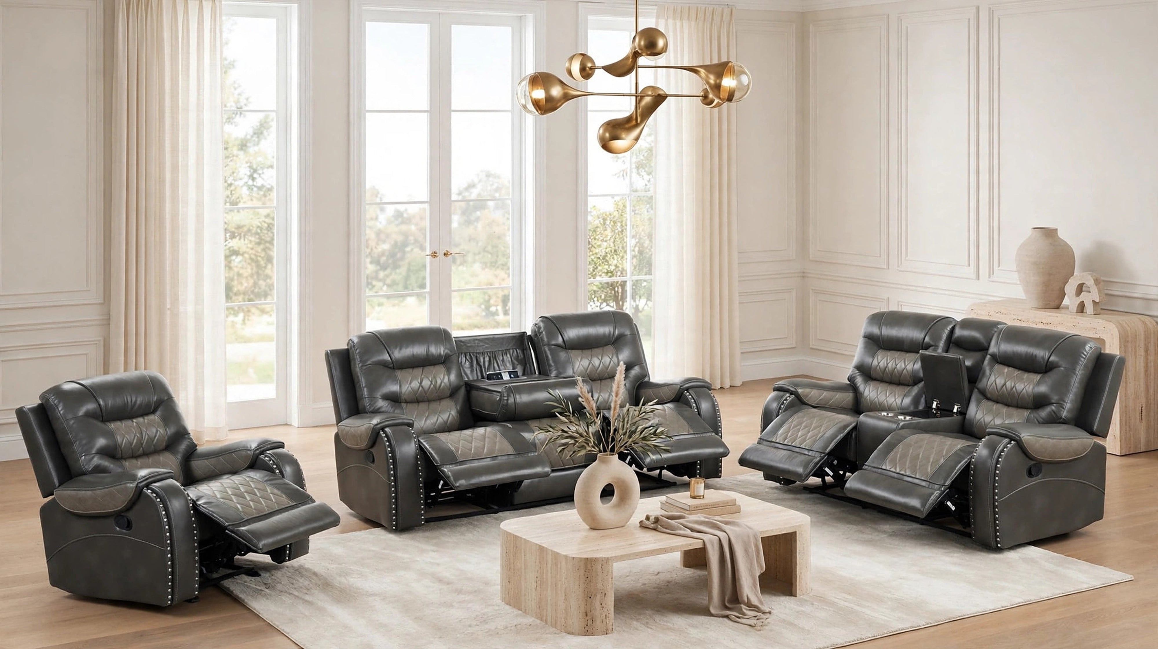 Ashley Charcoal Leather-Gel Oversized 3-Piece Reclining Set