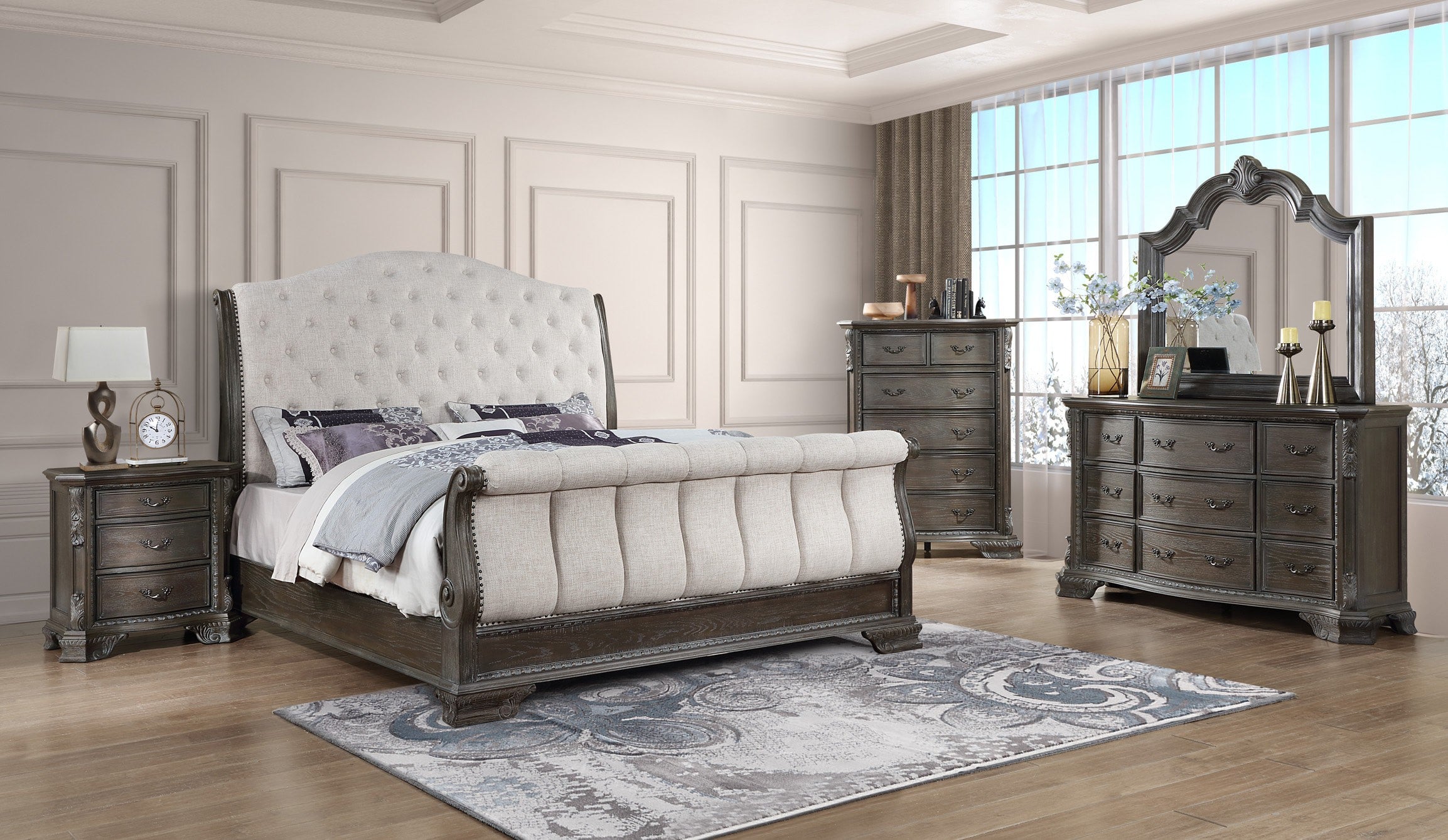 Gray Brown Tufted Sleigh 4-Piece Queen Bedroom Set