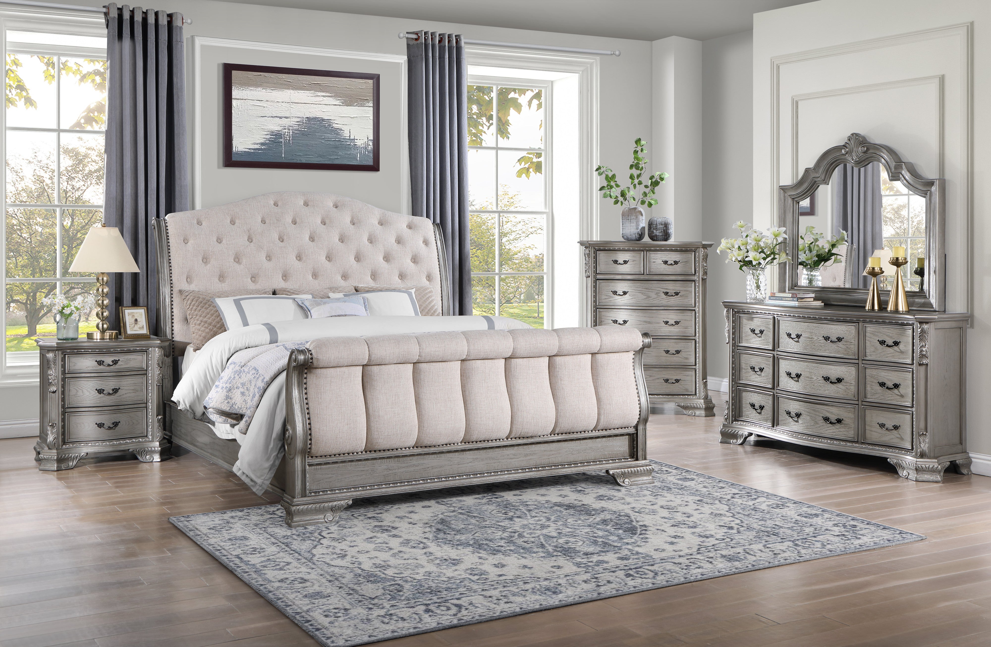 Antique Silver Tufted Sleigh 4-Piece King Bedroom Set