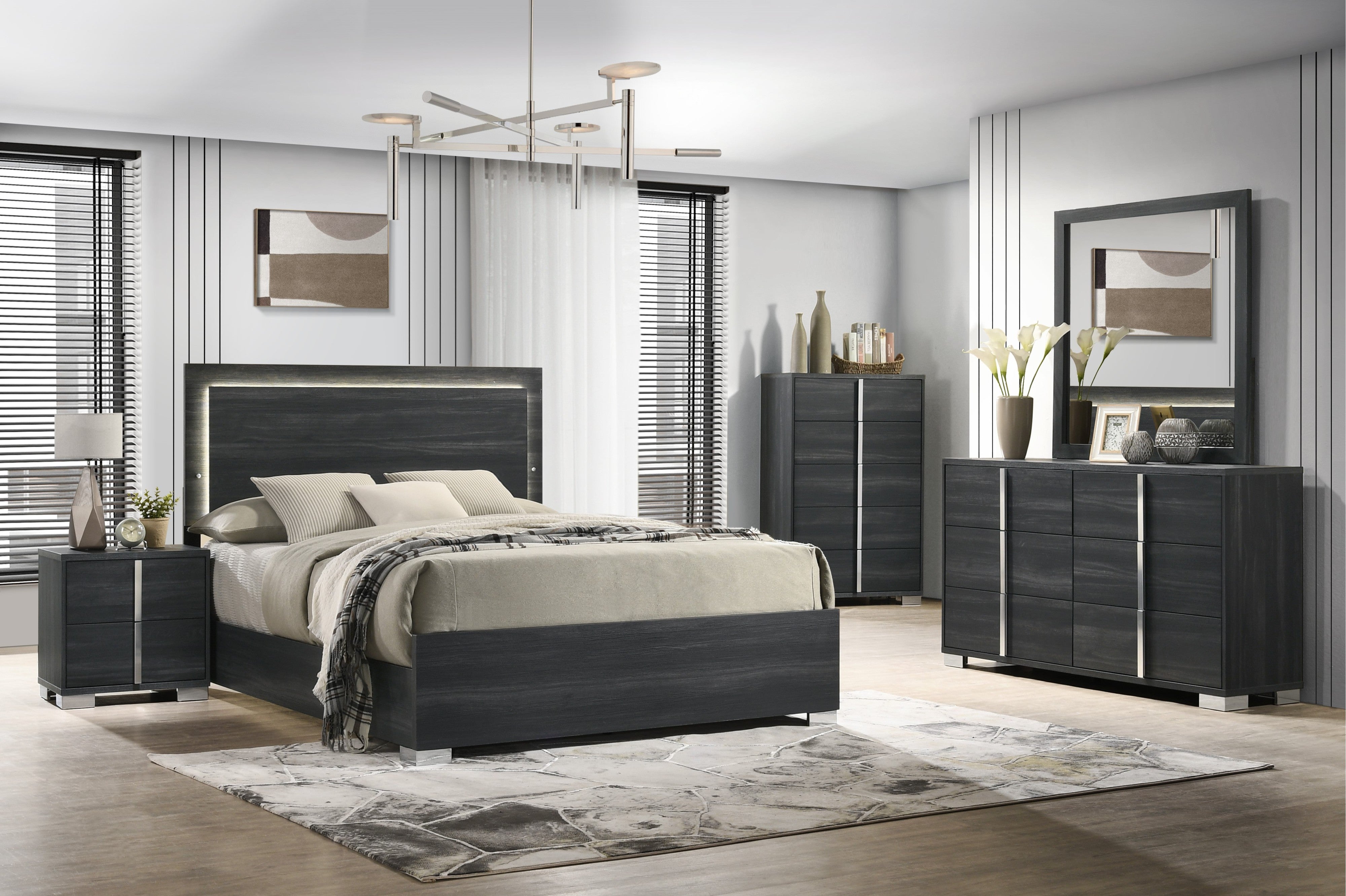 Black Ribbed 5-Piece Queen Bedroom Set