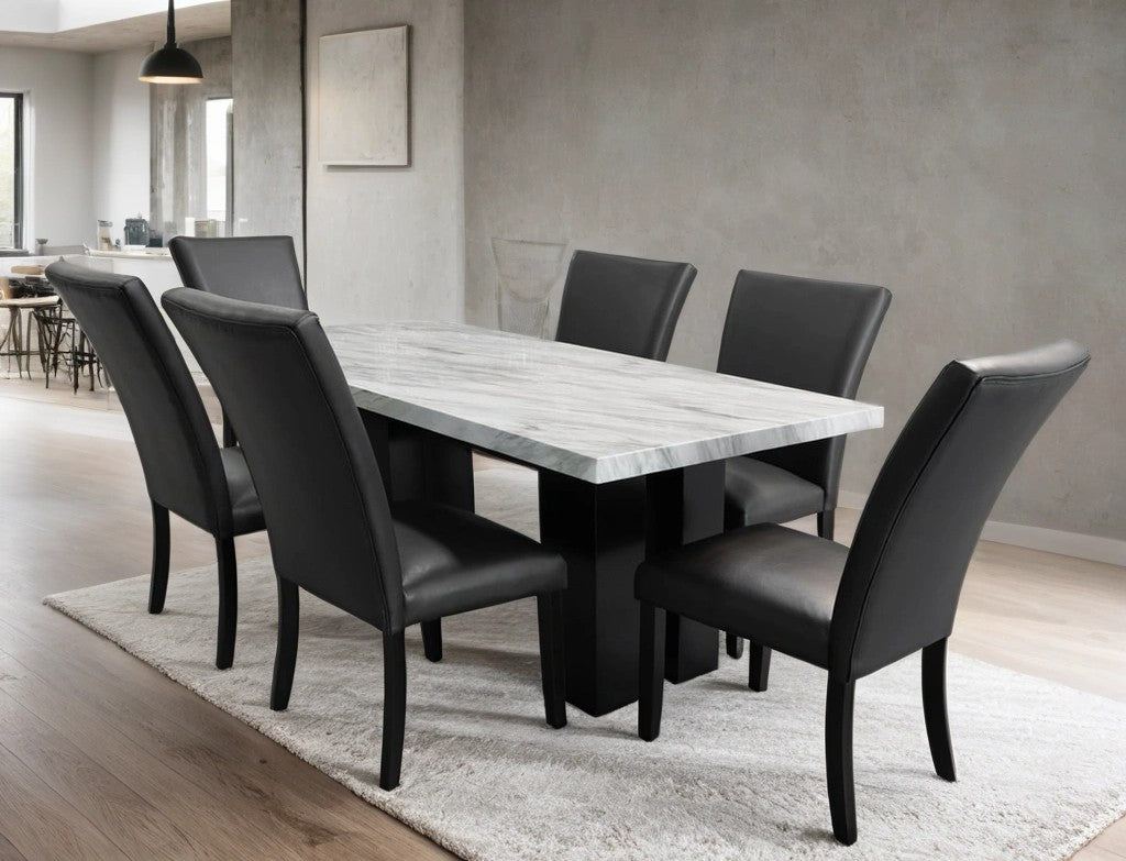 Black Faux Leather Faux Marble 7-Piece Dining Set