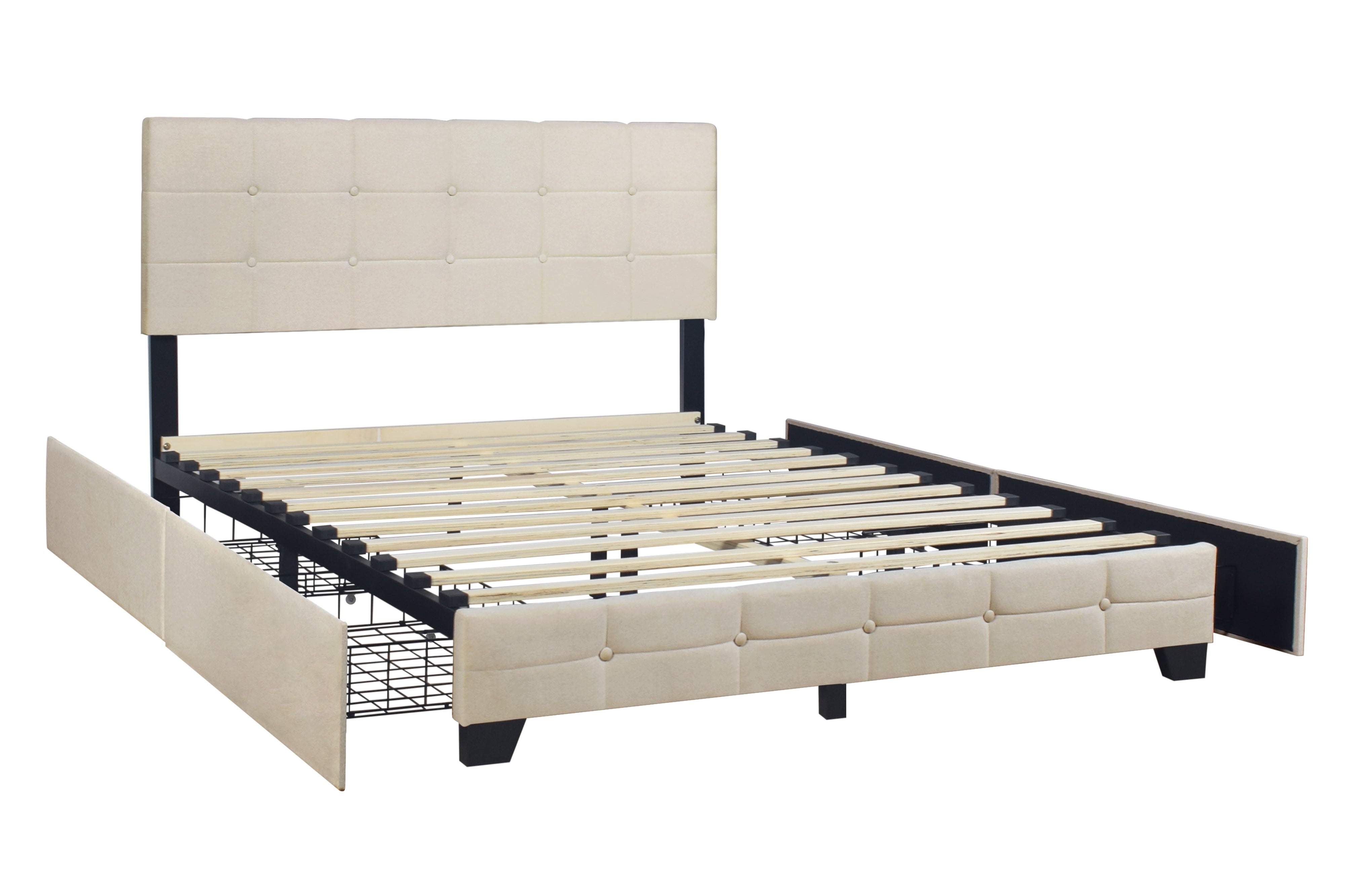 Beige Linen Storage Platform Bed with Side Drawers