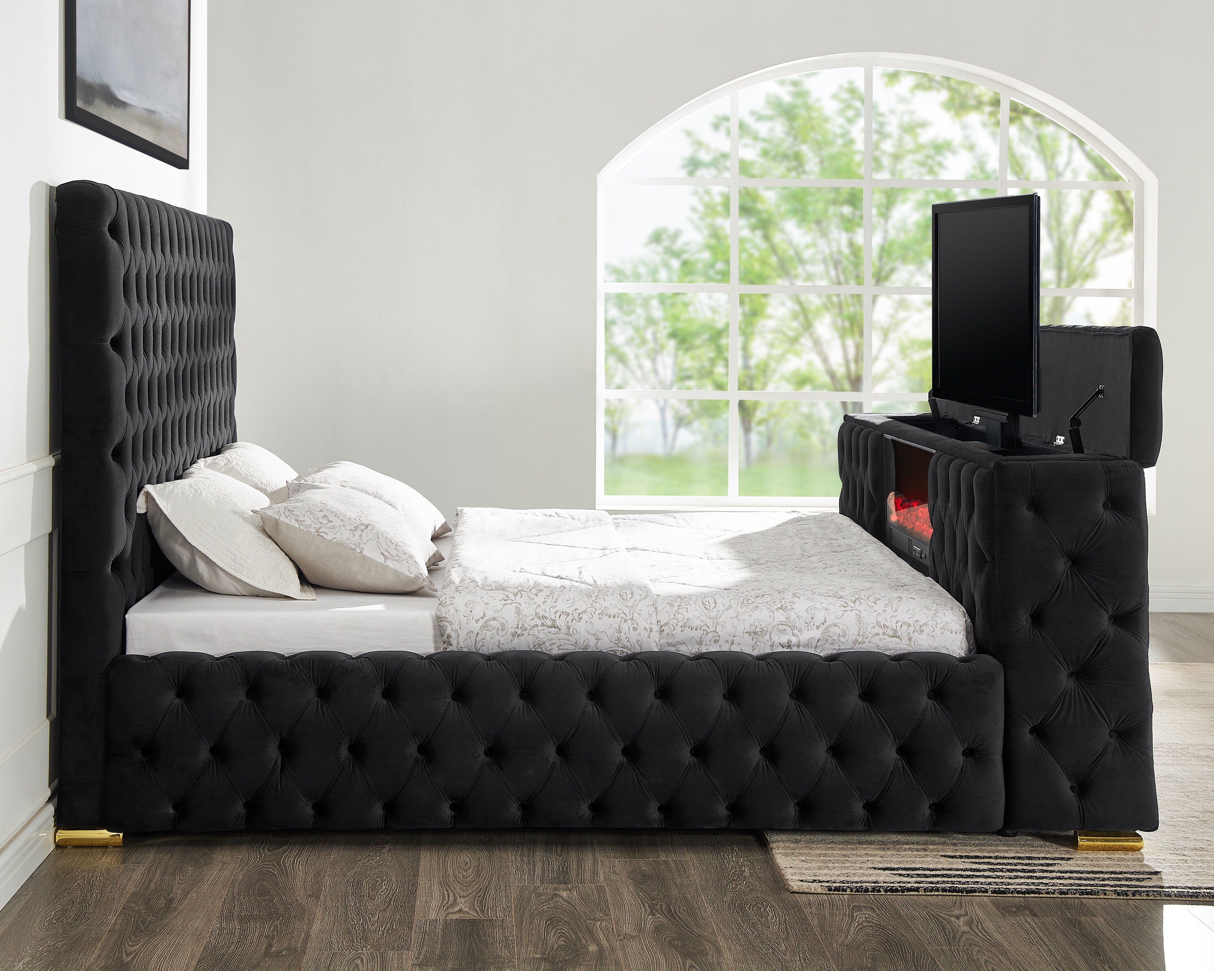 Future Black Velvet Platform Bed with Fireplace and TV Stand
