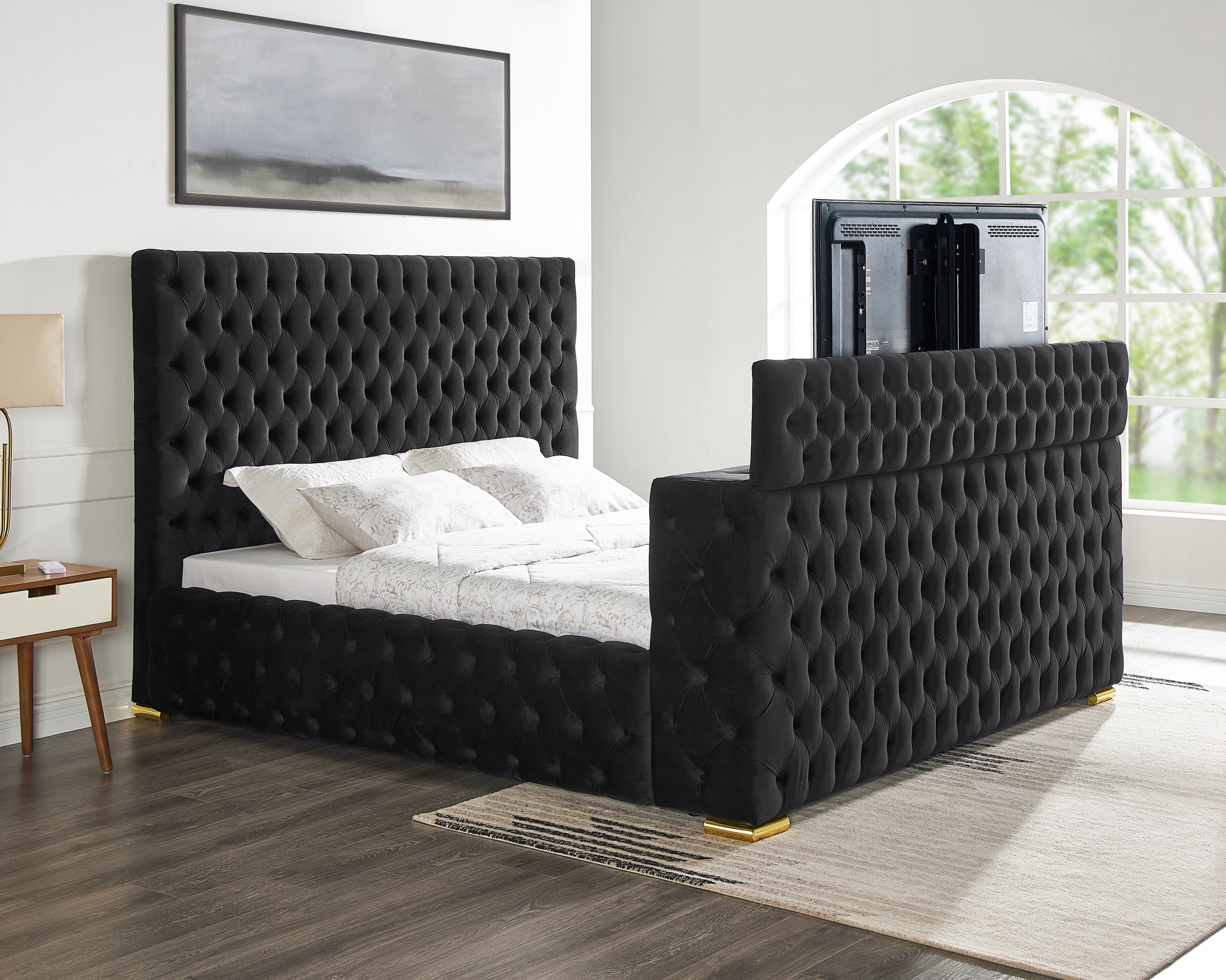 Future Black Velvet Platform Bed with Fireplace and TV Stand, view 2