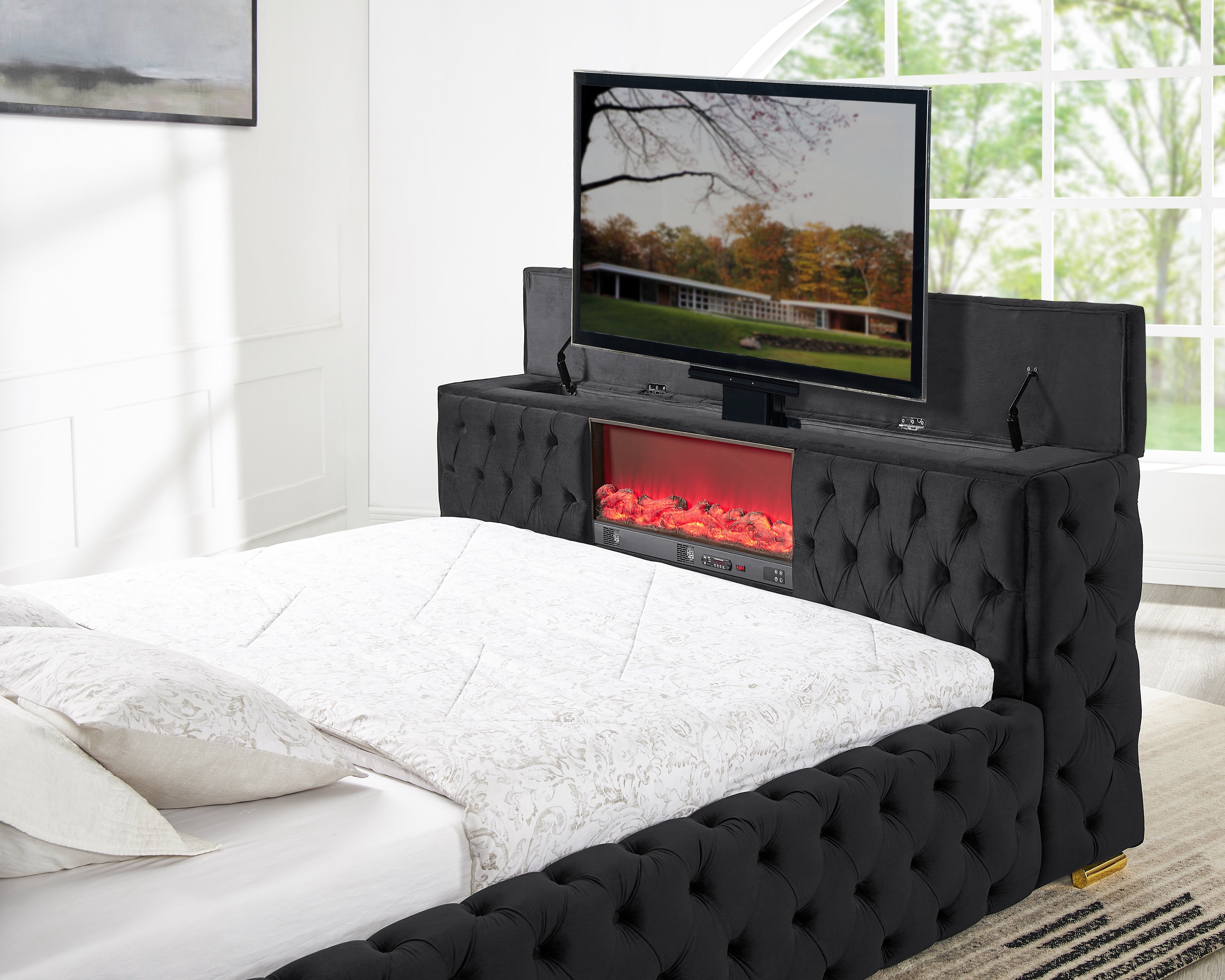 Future Black Velvet Platform Bed with Fireplace and TV Stand, view 3