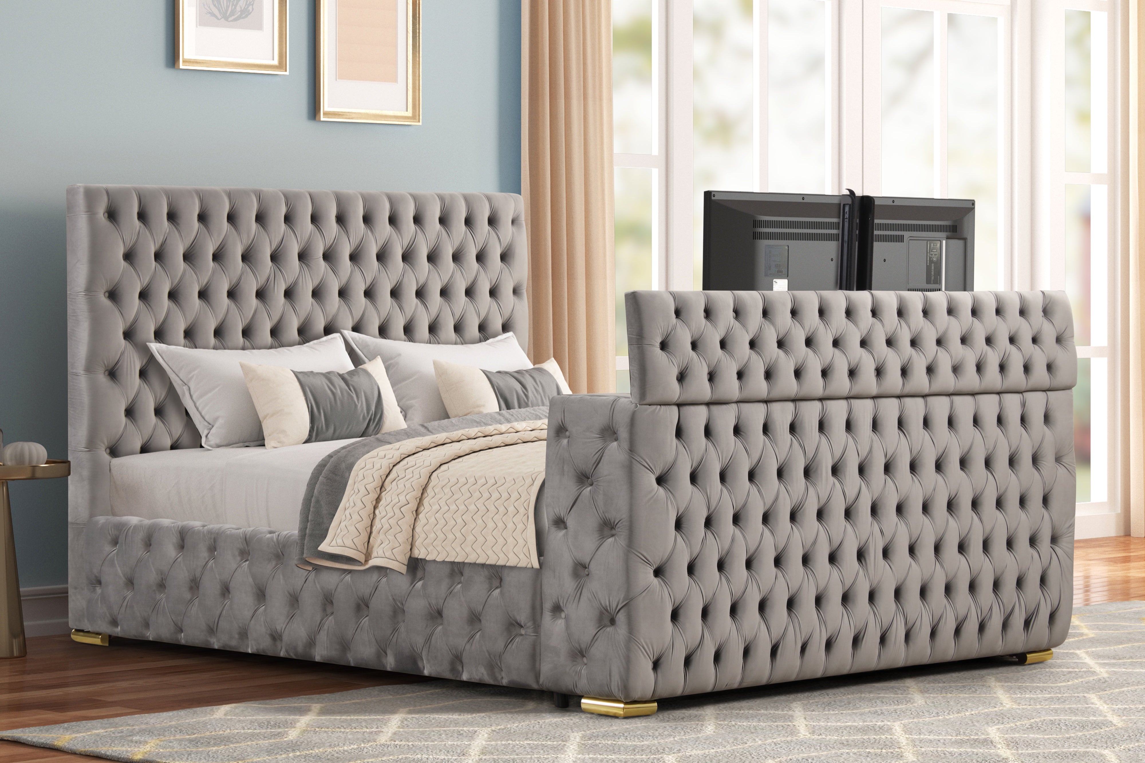 Future Gray Velvet Platform Bed with Fireplace and TV Stand