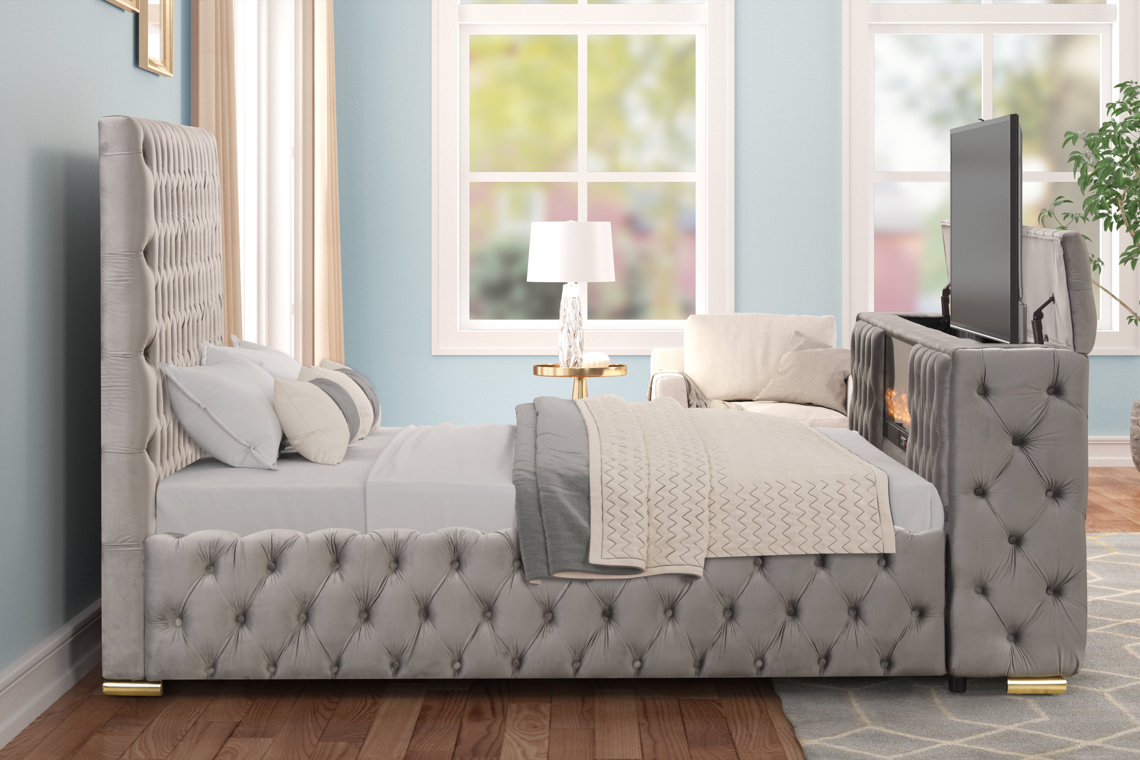 Future Gray Velvet Platform Bed with Fireplace and TV Stand, view 3