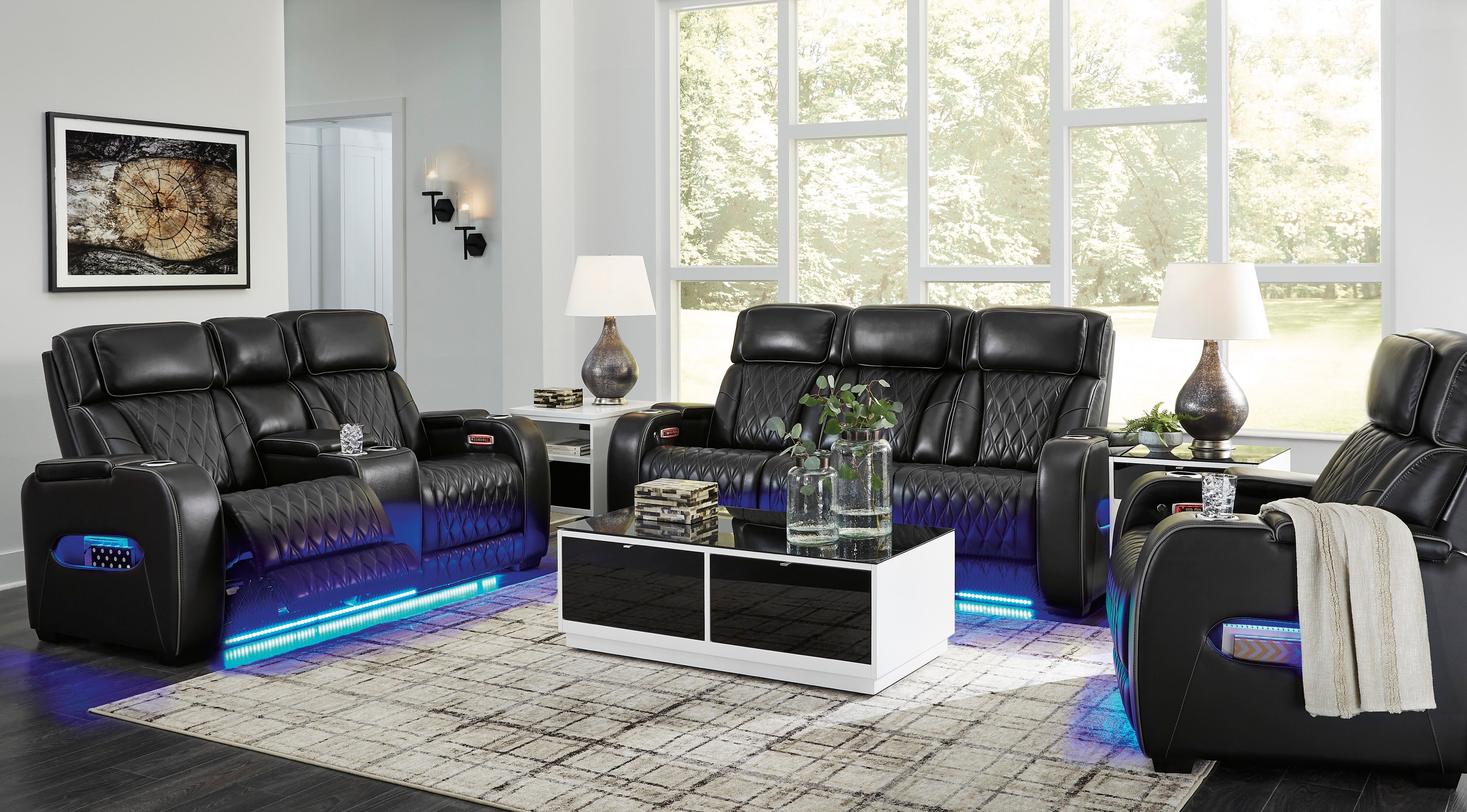 Ashley Black Genuine Leather Power Reclining Set with Air Massage