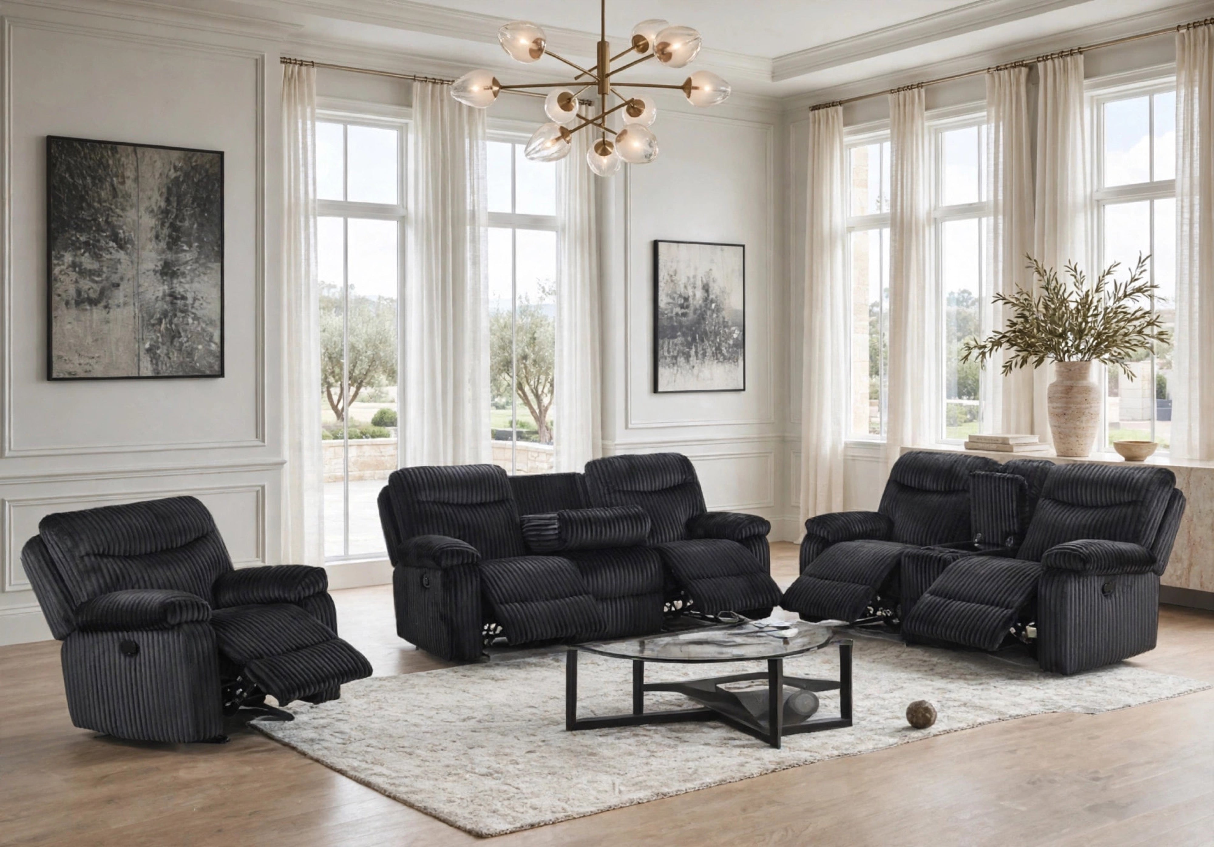 Bravo Black Corduroy 3-Piece Reclining Set