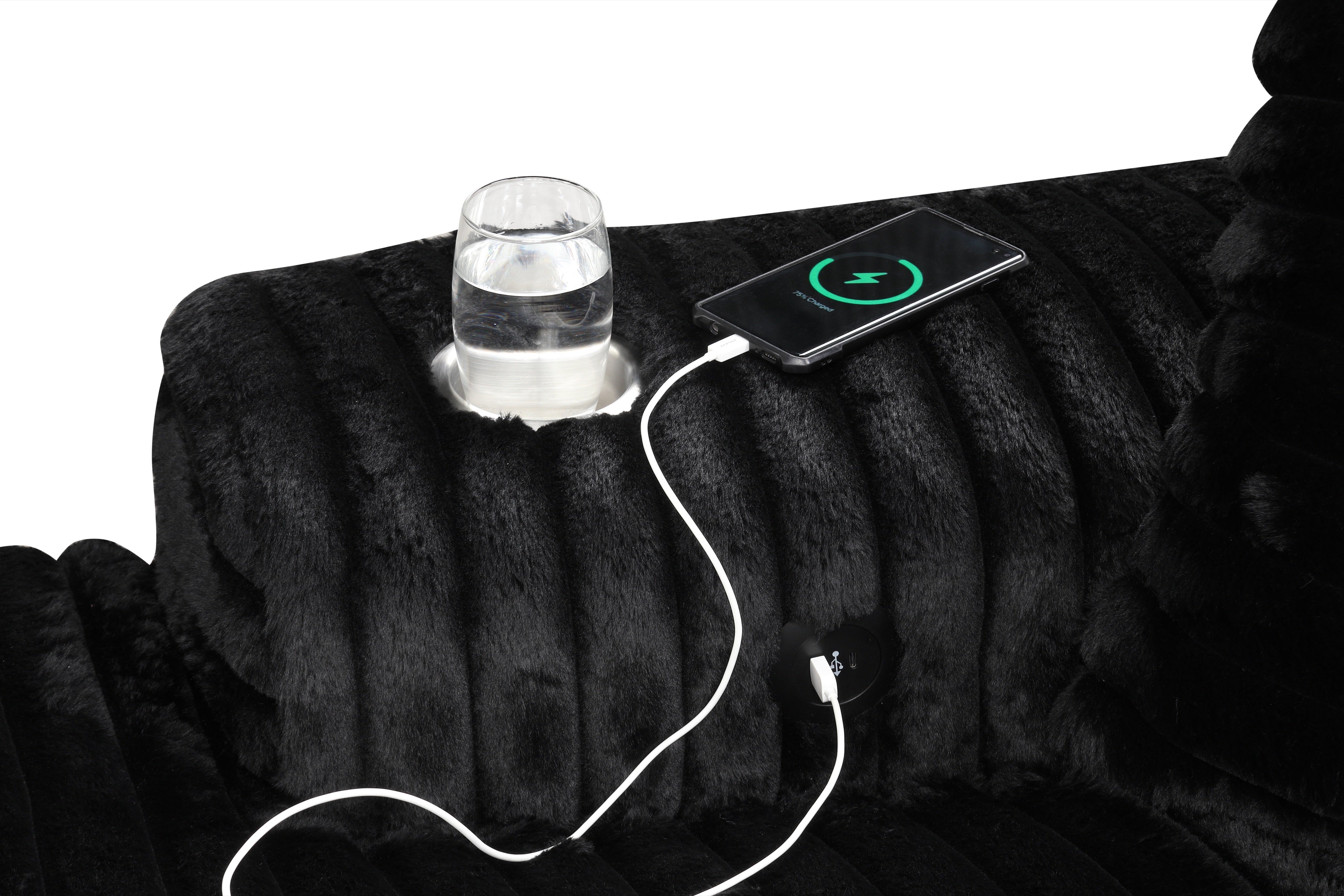 Black Corduroy Oversized Chaise Lounge with Cupholders