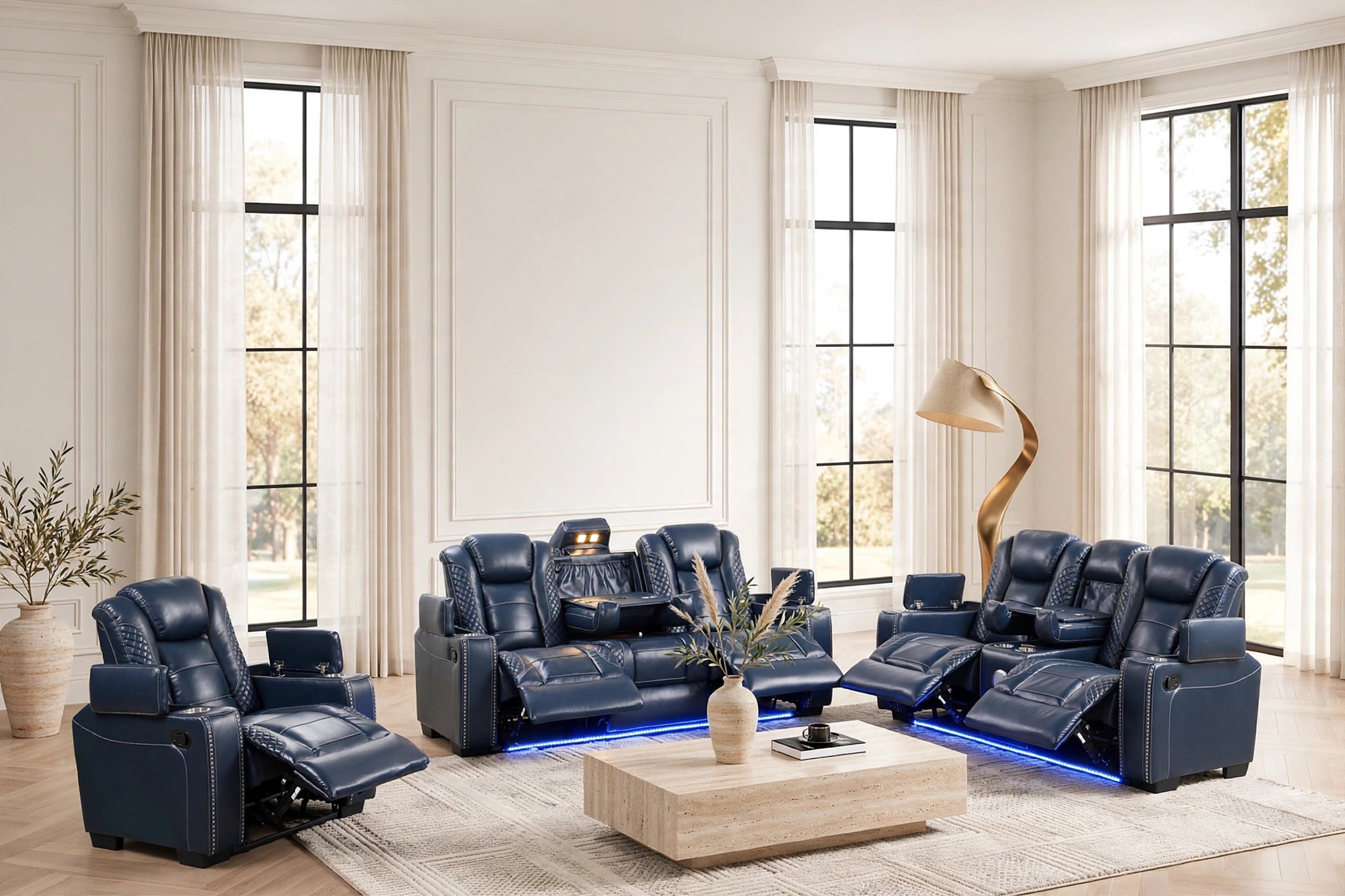 Stefano Blue Leather-Gel 3-Piece Reclining Set