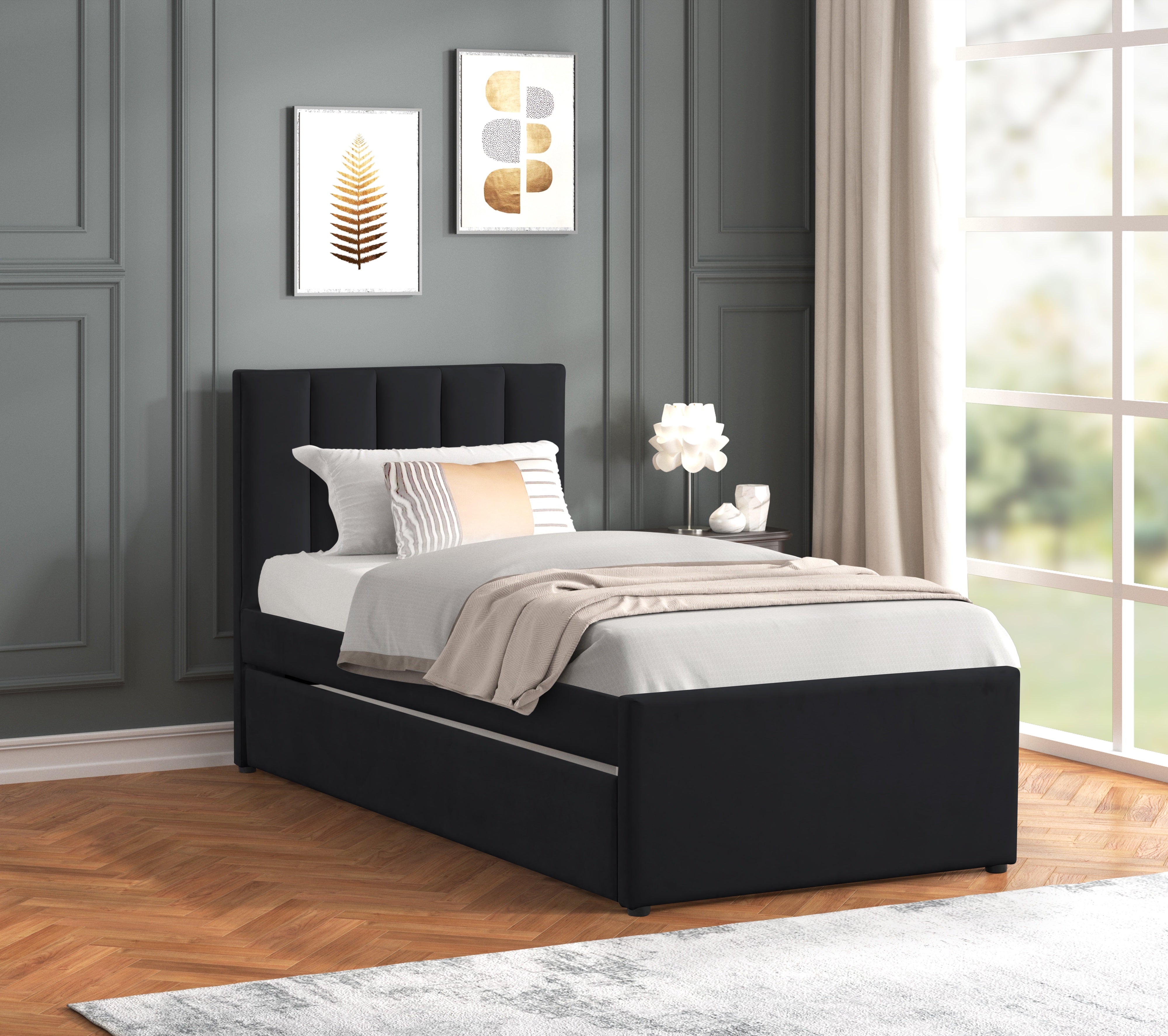 Maya Black Velvet Twin Platform Bed with Trundle