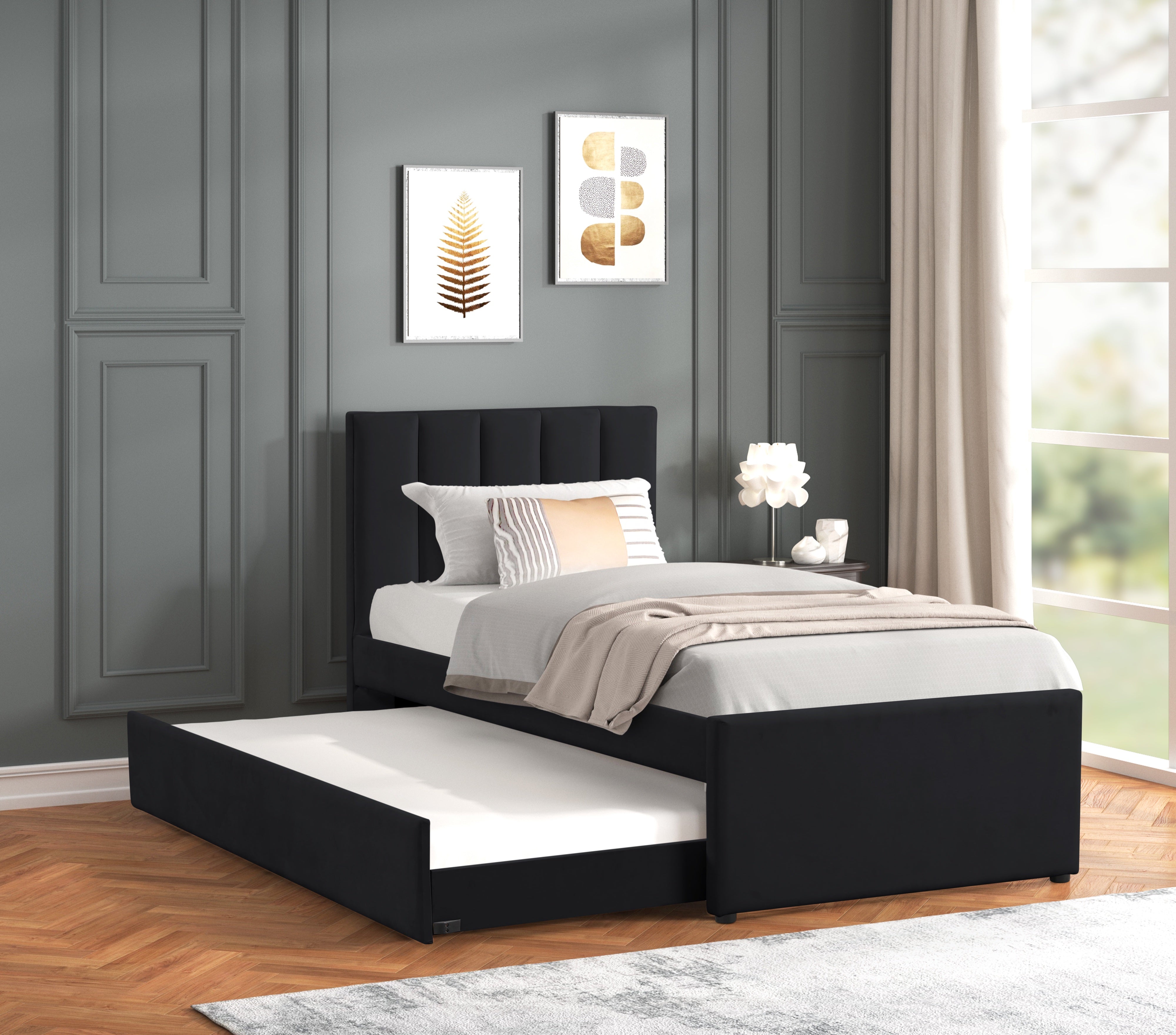 Maya Black Velvet Twin Platform Bed with Trundle, view 2