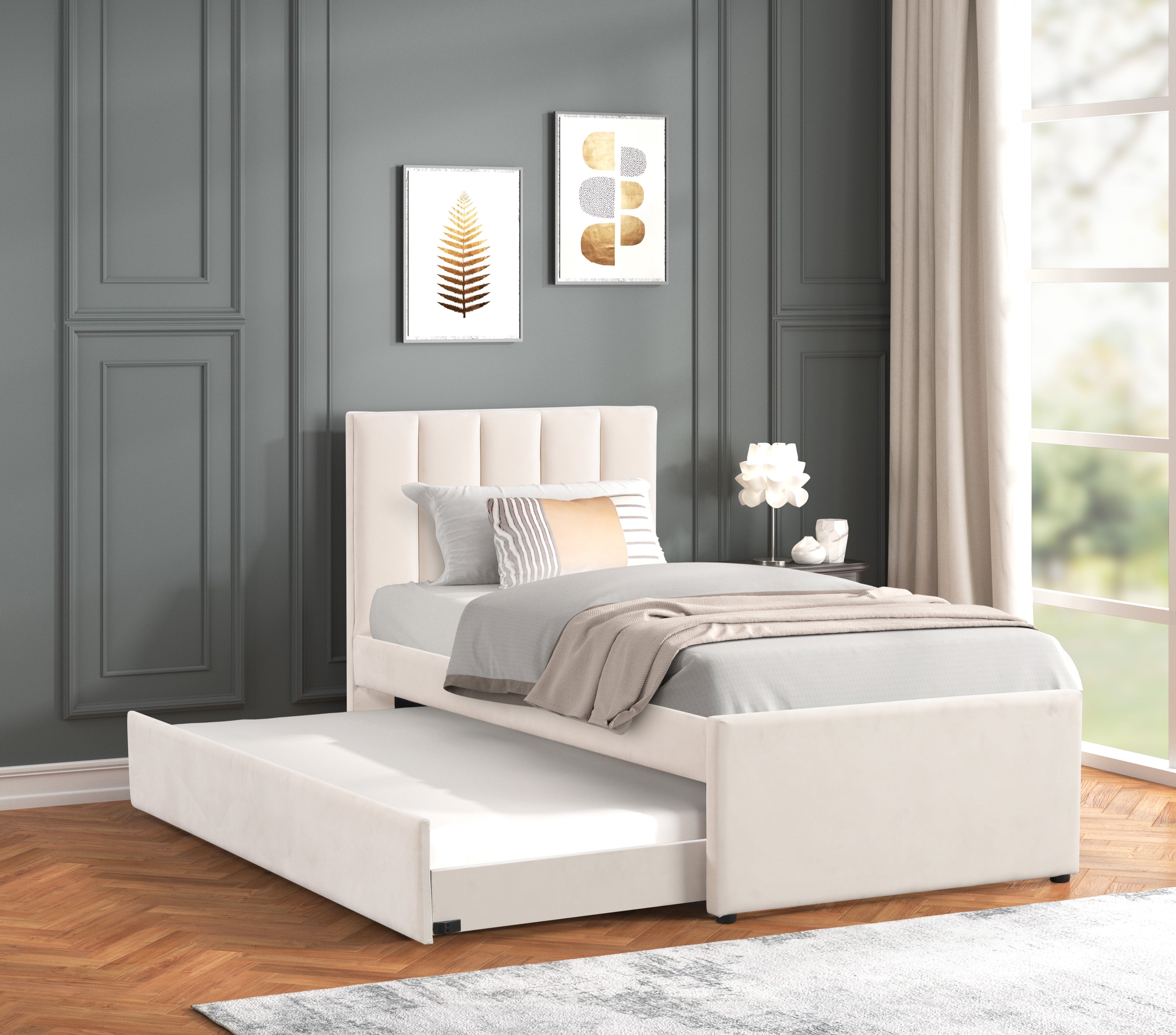 Maya Beige Velvet Twin Platform Bed with Trundle