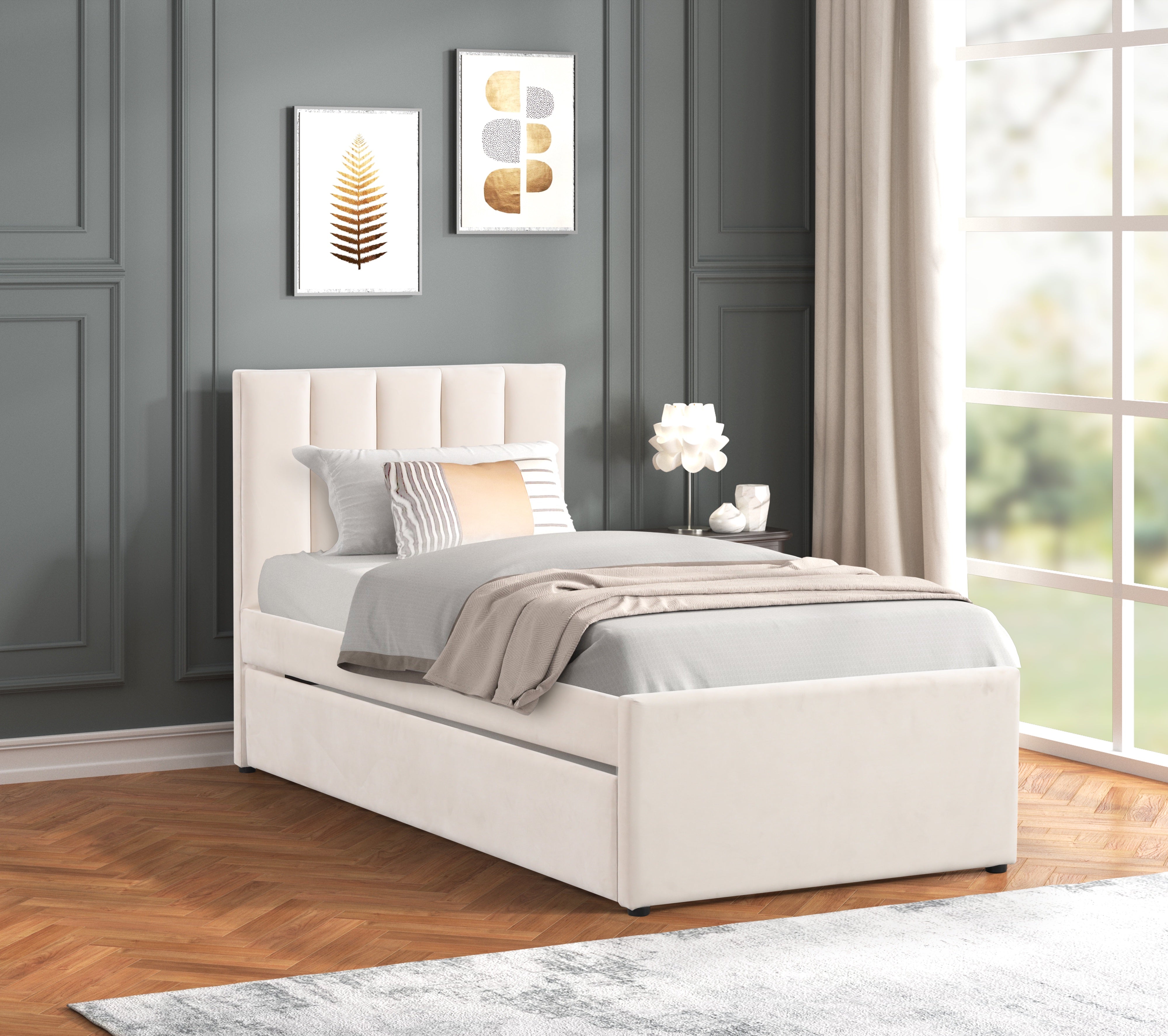 Maya Beige Velvet Twin Platform Bed with Trundle, view 2